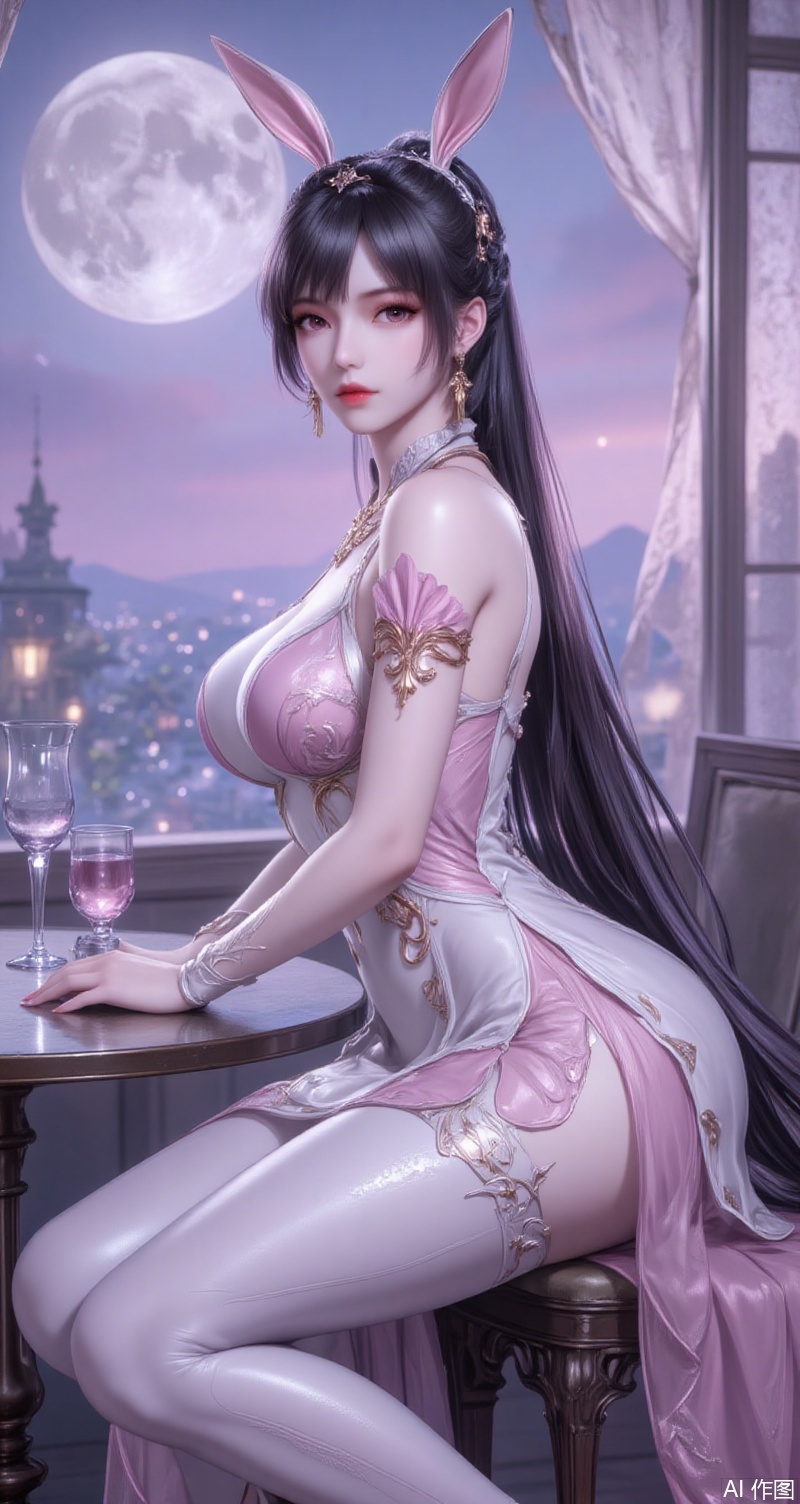 baoshi,lvjing,xiaowu,1girl, solo, long hair, breasts, looking at viewer, black hair, thighhighs, dress, animal ears, jewelry, sitting, very long hair, ponytail, earrings, shiny, indoors, white dress, rabbit ears, high heels, from side, window, moon, table, pink dress,cover,simple background,gradient background,close-up details,outstanding style,(baoshi),adding a touch of dimension to your images without compromising details,close-up,