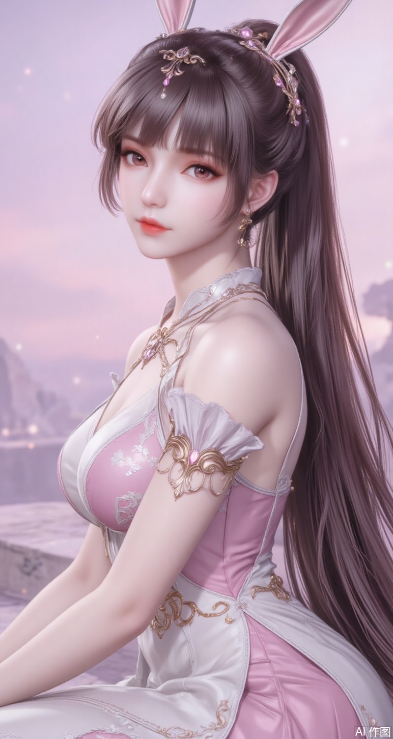 baoshi,lvjing,xiaowu,1girl, solo, long hair, breasts, looking at viewer, brown hair, hair ornament, dress, animal ears, bare shoulders, sitting, very long hair, upper body, ponytail, white dress, rabbit ears, collar, pink dress, stairs,cover,simple background,gradient background,close-up details,outstanding style,(baoshi),adding a touch of dimension to your images without compromising details,close-up,