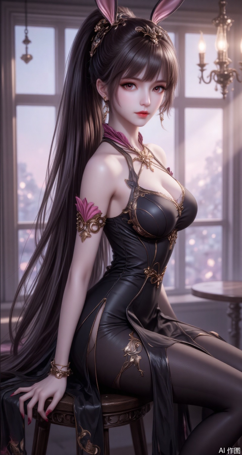 baoshi,lvjing,xiaowu,long hair,brown hair,hair ornament,animal ears,ponytail,rabbit ears,brown eyes,1girl,breasts,solo,dress,pantyhose,indoors,sitting,jewelry,looking at viewer,earrings,strapless,black dress,cleavage,bare shoulders,red nails,strapless dress,bangs,chandelier,window,covered navel,black pantyhose,nail polish,stool,bare arms,medium breasts,red lips,alternate costume,feet out of frame,large breasts,parted lips,side slit, simple background,gradient_background,Close-up details,outstanding style,adding a touch of dimension to your images without compromising details,absurdres,colorful,