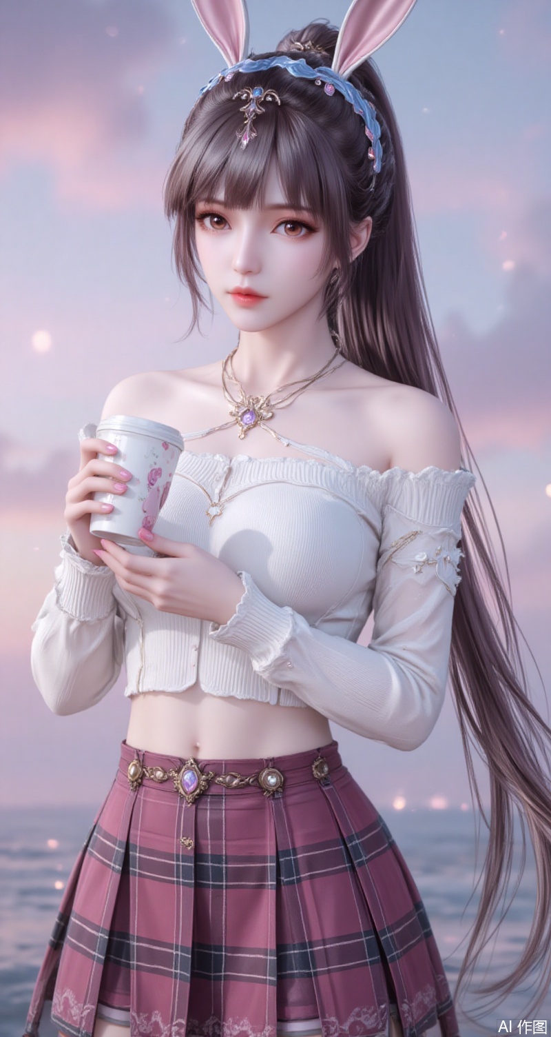baoshi,lvjing,xiaowu,long hair,brown hair,hair ornament,animal ears,ponytail,rabbit ears,brown eyes,1girl,skirt,plaid skirt,realistic,solo,plaid,cup,blurry background,blurry,looking at viewer,holding,disposable cup,holding cup,hairband,sweater,necklace,crop top,blue hairband,midriff,shirt,jewelry,white sweater,off shoulder,white shirt,4,cover,simple background,gradient background,close-up details,outstanding style,adding a touch of dimension to your images without compromising details,close-up,
