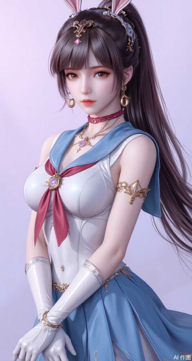 baoshi,lvjing,xiaowu,long hair,brown hair,hair ornament,animal ears,ponytail,rabbit ears,brown eyes, 1girl,solo,skirt,sailor senshi uniform,blue sailor collar,jewelry,gloves,sailor collar,blue skirt,choker,white gloves,earrings,crescent earrings,pleated skirt,bow,magical girl,red bow,crescent,elbow gloves,red choker,covered navel,hair ornament,looking at viewer,collarbone,bowtie,circlet, cover,simple background,gradient_background,Close-up details,outstanding style,adding a touch of dimension to your images without compromising details,close-up,lvjing,