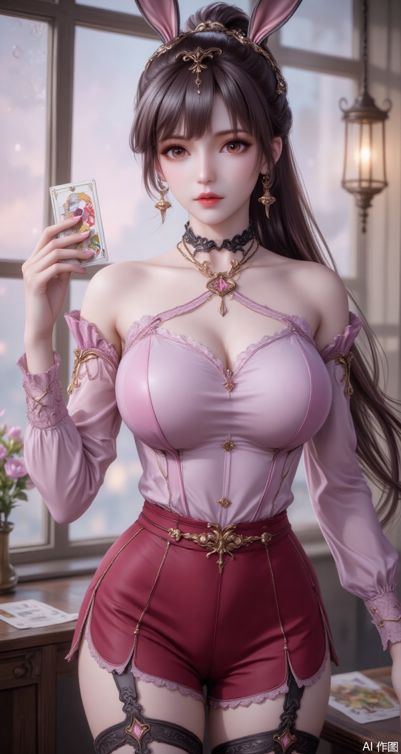 baoshi,lvjing,xiaowu,long hair,brown hair,hair ornament,animal ears,ponytail,rabbit ears,brown eyes,1girl,breasts,card,earrings,jewelry,thighhighs,choker,cleavage,holding,solo,card \(medium\),boa hancock,looking at viewer,off shoulder,collarbone,large breasts,bare shoulders,black choker,garter straps,tarot \(medium\),black thighhighs,off-shoulder shirt,playing card,shirt,frills,closed mouth,indoors,pink shirt,long sleeves,shorts,holding card,covered navel,cross-laced clothes,thighs,window,red skirt,18,cover,simple background,gradient background,close-up details,outstanding style,(baoshi),adding a touch of dimension to your images without compromising details,close-up,