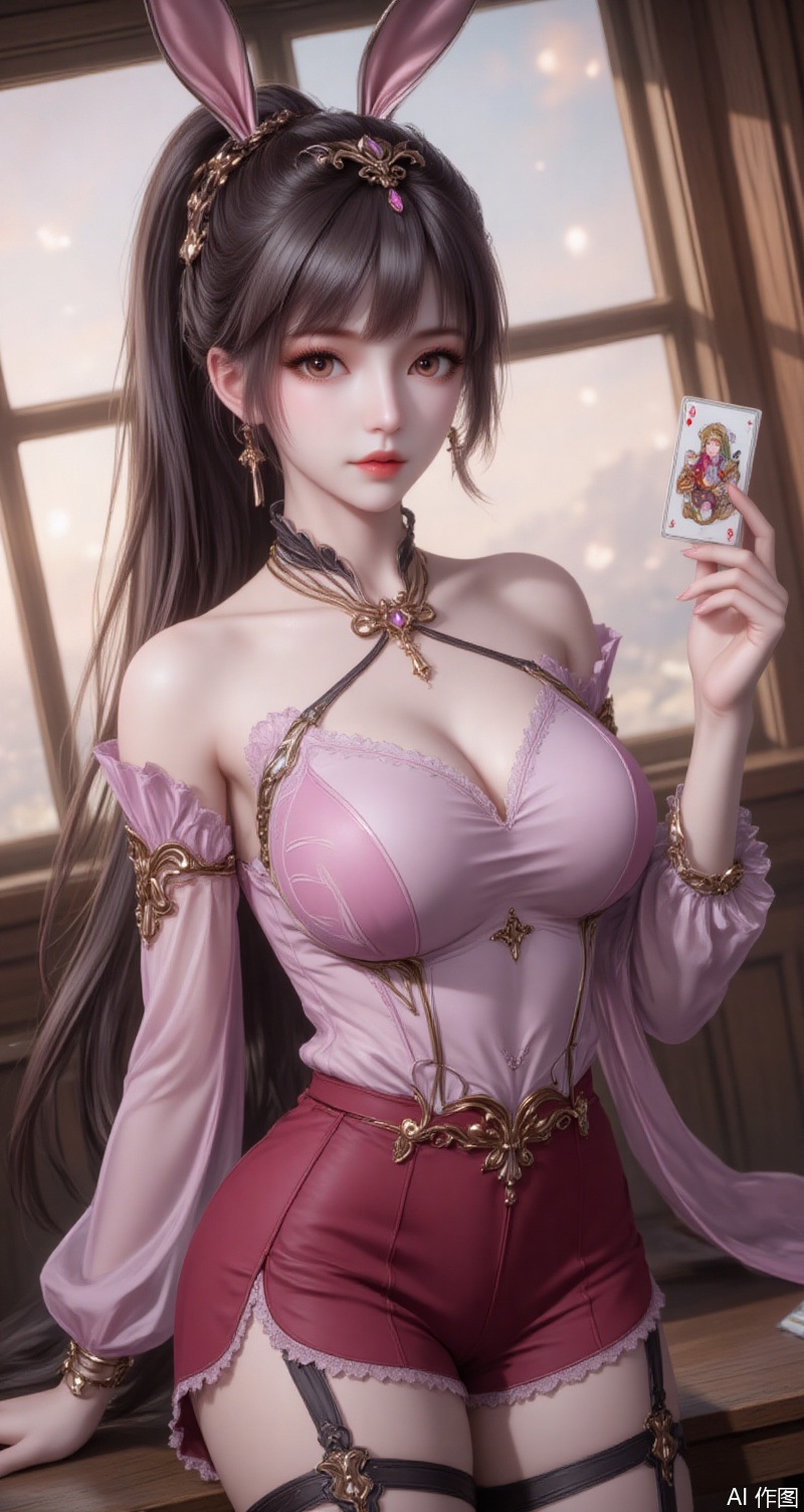 baoshi,lvjing,xiaowu,long hair,brown hair,hair ornament,animal ears,ponytail,rabbit ears,brown eyes,1girl,breasts,card,earrings,jewelry,thighhighs,choker,cleavage,holding,solo,card \(medium\),boa hancock,looking at viewer,off shoulder,collarbone,large breasts,bare shoulders,black choker,garter straps,tarot \(medium\),black thighhighs,off-shoulder shirt,playing card,shirt,frills,closed mouth,indoors,pink shirt,long sleeves,shorts,holding card,covered navel,cross-laced clothes,thighs,window,red skirt,18,cover,simple background,gradient background,close-up details,outstanding style,(baoshi),adding a touch of dimension to your images without compromising details,close-up,