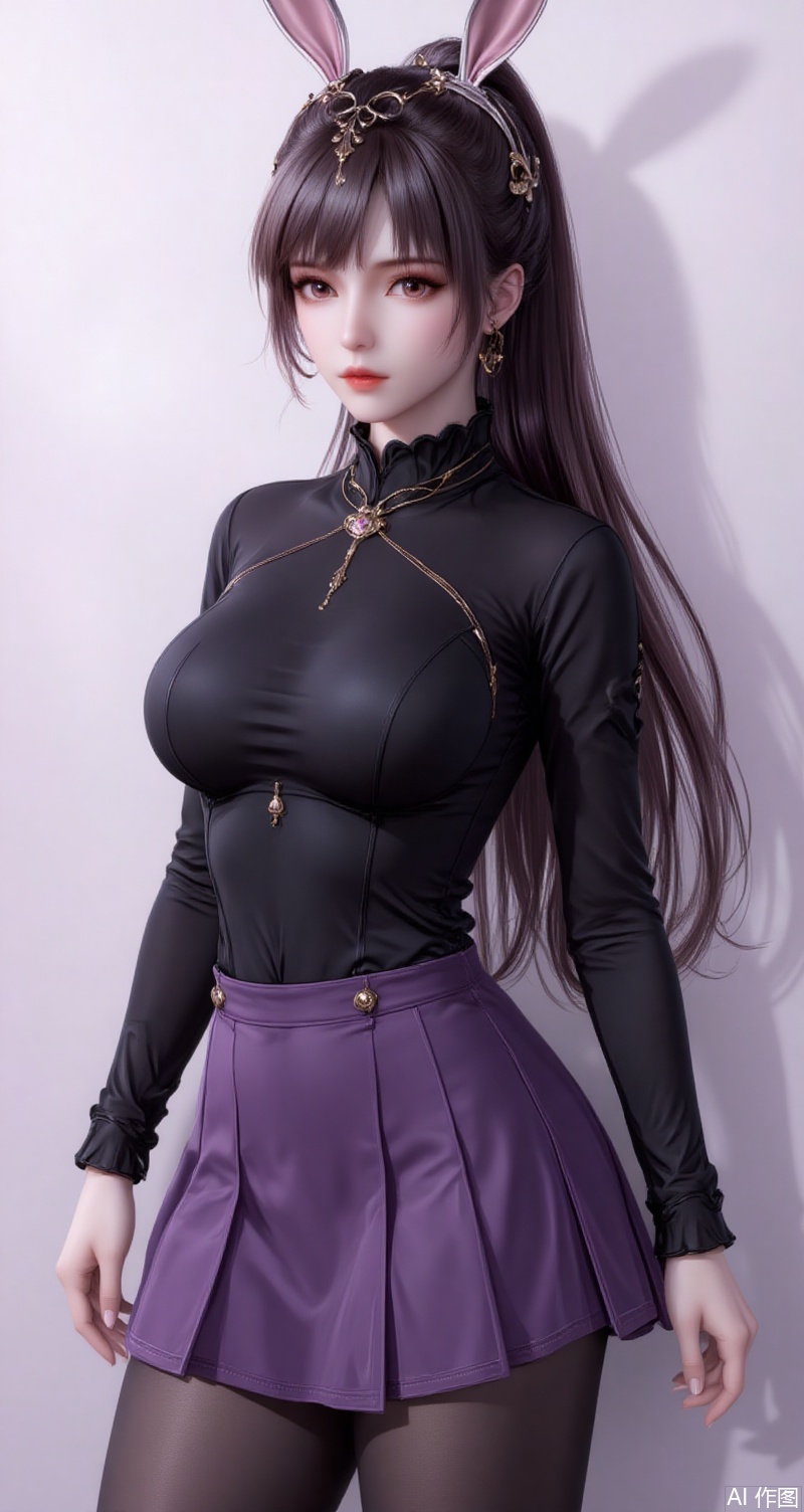 baoshi,lvjing,xiaowu,long hair,brown hair,hair ornament,animal ears,ponytail,rabbit ears,brown eyes,1girl,pantyhose,breasts,skirt,solo,ass,large breasts,bangs,black pantyhose,looking at viewer,purple skirt,black sweater,long sleeves,underwear,sweater,turtleneck,pleated skirt,black shirt,gradient background,simple background,simple background,gradient_background,cover,Close-up details,outstanding style,adding a touch of dimension to your images without compromising details,close-up,