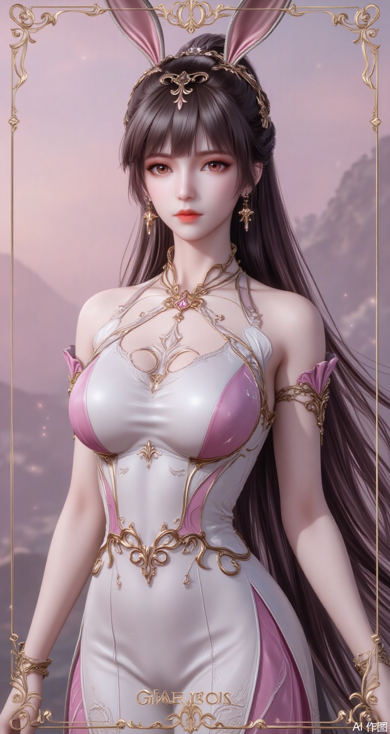 baoshi,lvjing,xiaowu,long hair,brown hair,hair ornament,animal ears,ponytail,rabbit ears,brown eyes,1girl,solo,earrings,jewelry,looking at viewer,breasts,tarot,collarbone,upper body,dress,closed mouth,card \(medium\),tarot \(medium\),frills,border,15,cover,simple background,gradient background,close-up details,outstanding style,(baoshi),adding a touch of dimension to your images without compromising details,close-up,