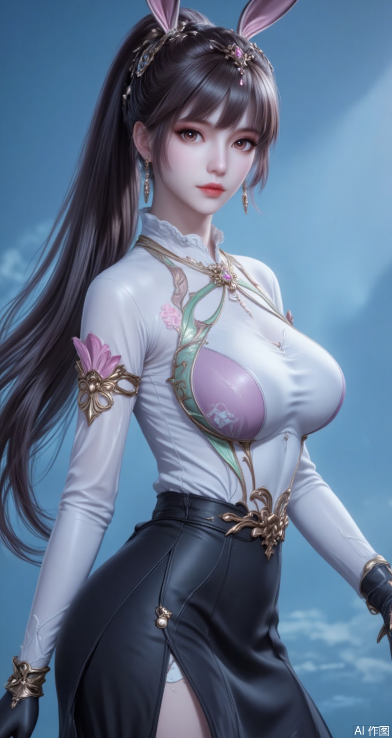 baoshi,lvjing,xiaowu,long hair,brown hair,hair ornament,animal ears,ponytail,rabbit ears,brown eyes,1girl,solo,earrings,gloves,jewelry,breasts,skirt,shirt,large breasts,looking at viewer,white shirt,belt,pencil skirt,black gloves,simple background,alternate costume,black skirt,green ribbon,long sleeves,lips,blue background,ribbon,collared shirt,side slit,4,cover,simple background,gradient background,close-up details,outstanding style,adding a touch of dimension to your images without compromising details,close-up,