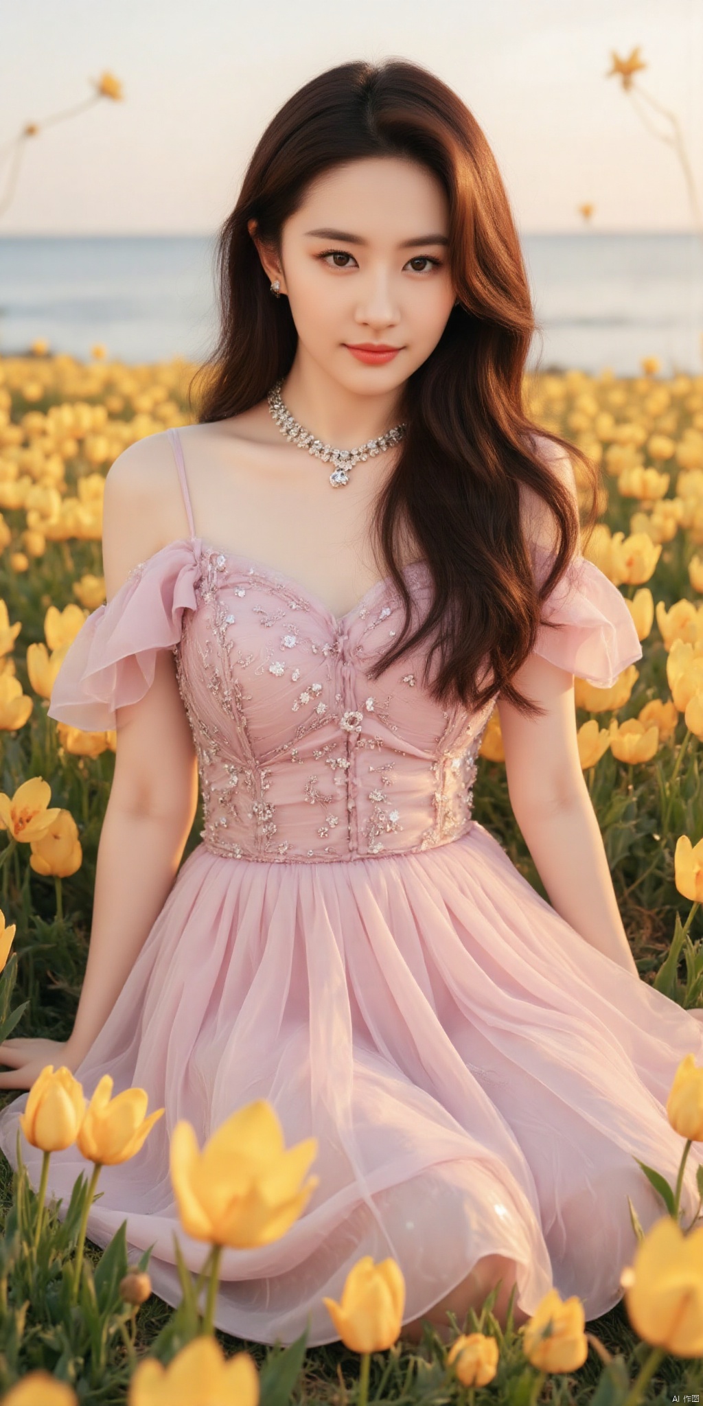 ((Good anatomical structure)),HDR, UHD, 8K, A real person , Highly detailed, best quality, masterpiece, 1girl, realistic, Highly detailed, (EOS R8, 50mm, F1.2, 8K, RAW photo:1.2), ultra realistic 8k cg, good anatomy,1 girl, solo focus,peafect body,Long hair,Messy hair,Bangs,hair between eyes,Sidelocks,Hair over shoulder,very long hair,shiny hair,floating hair,Bright eyes,big eyes,detailed eyes,beautiful eyes,hair ornament,hair flower,choker,frilled dress with lace,long dress,pleated dress,[loli],,outdoors,water,flower,sitting in the ((sea of flowers)), flower field,meadow,beautiful detailed sky,feather,nature,(sunlight), skirt up,,moist skin, shiny skin, glossy skin, (best illumination, best shadow, extremely delicate and beautiful), perfect lighting, original, highres, dynamic angle, floating,depth of field, caustics,lens flare,warm lighting,(official art,beautiful and aesthetic:1.2),beautiful face, ultra detailed eyes, looking_at_viewer,kind smile,pose for picture,,glint sparkle,,solo