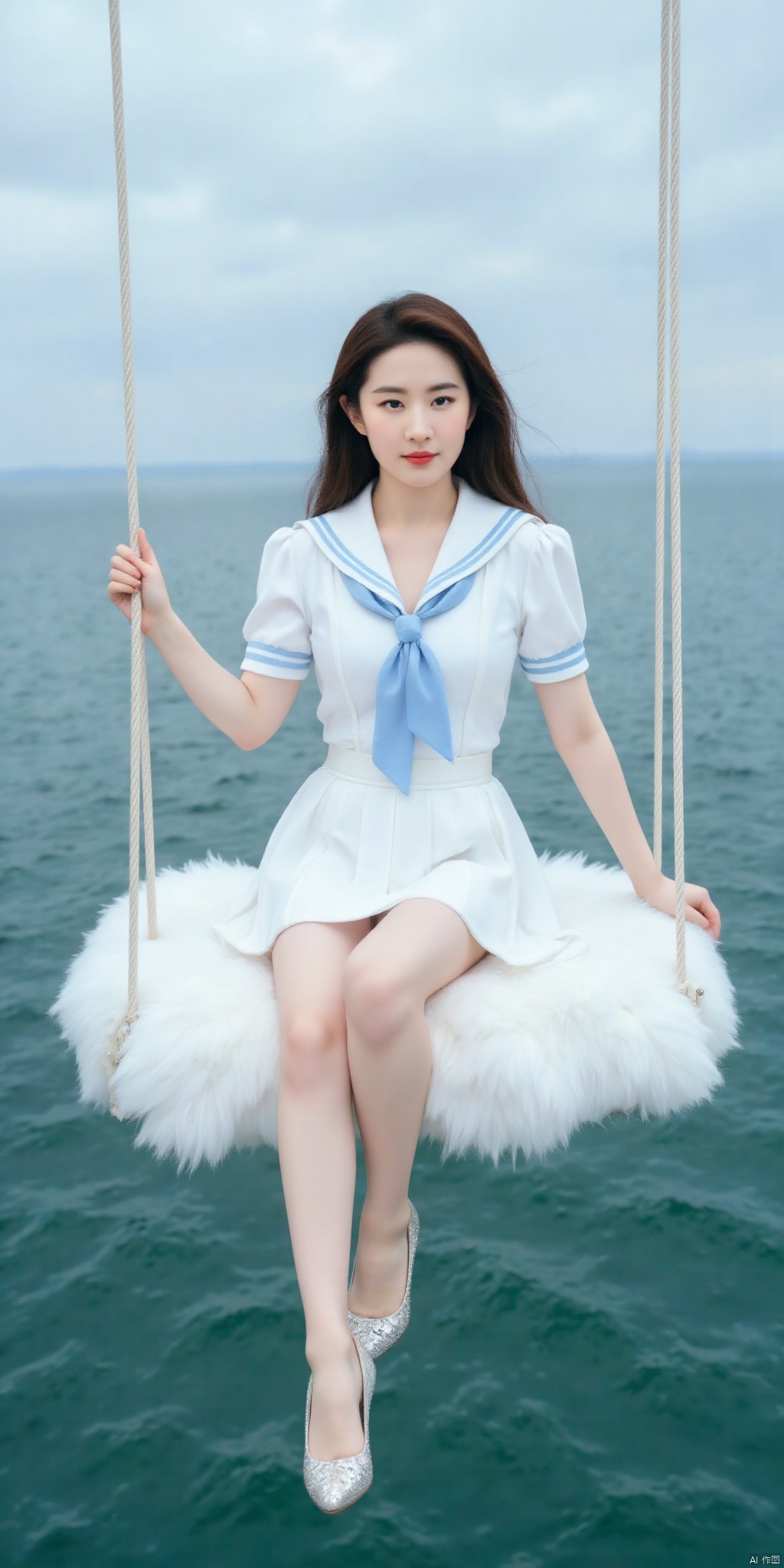 真人肌肤纹理, 4K画质,完美身材,long legs,big_breasts,navel,kind smile,Film texture,kind smile, film and television, surrealism, a girl with a delicate face is sitting on a cloud swing. The girl is wearing a jk sailor uniform, a white short-sleeved shirt, light blue stripes trimming, a light blue tie, white blue pleated skirt, exquisite diamond-encrusted high heels, swing rope The sub is connected to a cloud in the sky, the background is a vast ocean, the water shows a consistent blue-green tone, the sky is also blue-green, blending with the ocean, perfect light and shadow, hyper-realistic photography, sharpening, artistic conception, Consciousness, large areas of blank space, sense of space, haziness, dreams, fog,