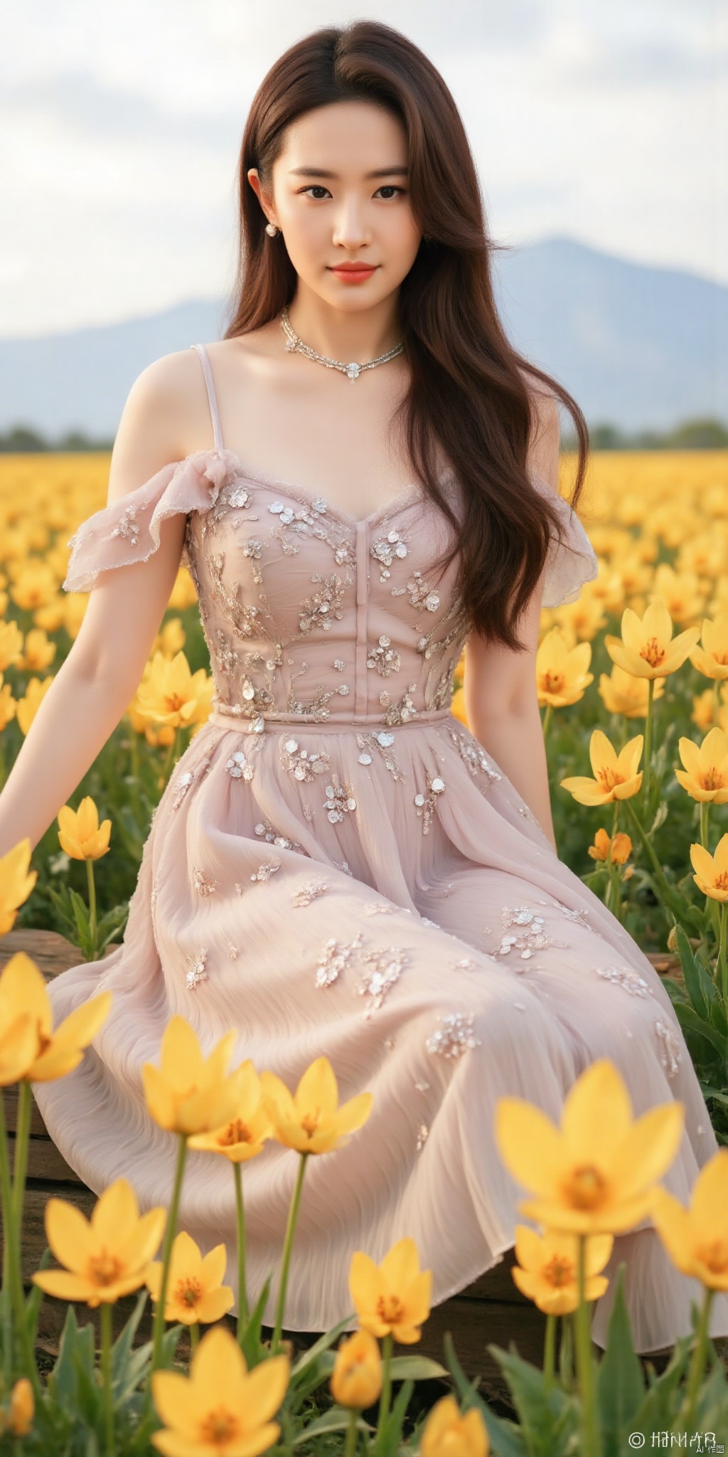 ((Good anatomical structure)),HDR, UHD, 8K, A real person , Highly detailed, best quality, masterpiece, 1girl, realistic, Highly detailed, (EOS R8, 50mm, F1.2, 8K, RAW photo:1.2), ultra realistic 8k cg, good anatomy,1 girl, solo focus,peafect body,Long hair,Messy hair,Bangs,hair between eyes,Sidelocks,Hair over shoulder,very long hair,shiny hair,floating hair,Bright eyes,big eyes,detailed eyes,beautiful eyes,hair ornament,hair flower,choker,frilled dress with lace,long dress,pleated dress,[loli],,outdoors,water,flower,sitting in the ((sea of flowers)), flower field,meadow,beautiful detailed sky,feather,nature,(sunlight), skirt up,,moist skin, shiny skin, glossy skin, (best illumination, best shadow, extremely delicate and beautiful), perfect lighting, original, highres, dynamic angle, floating,depth of field, caustics,lens flare,warm lighting,(official art,beautiful and aesthetic:1.2),beautiful face, ultra detailed eyes, looking_at_viewer,kind smile,pose for picture,,glint sparkle,,solo