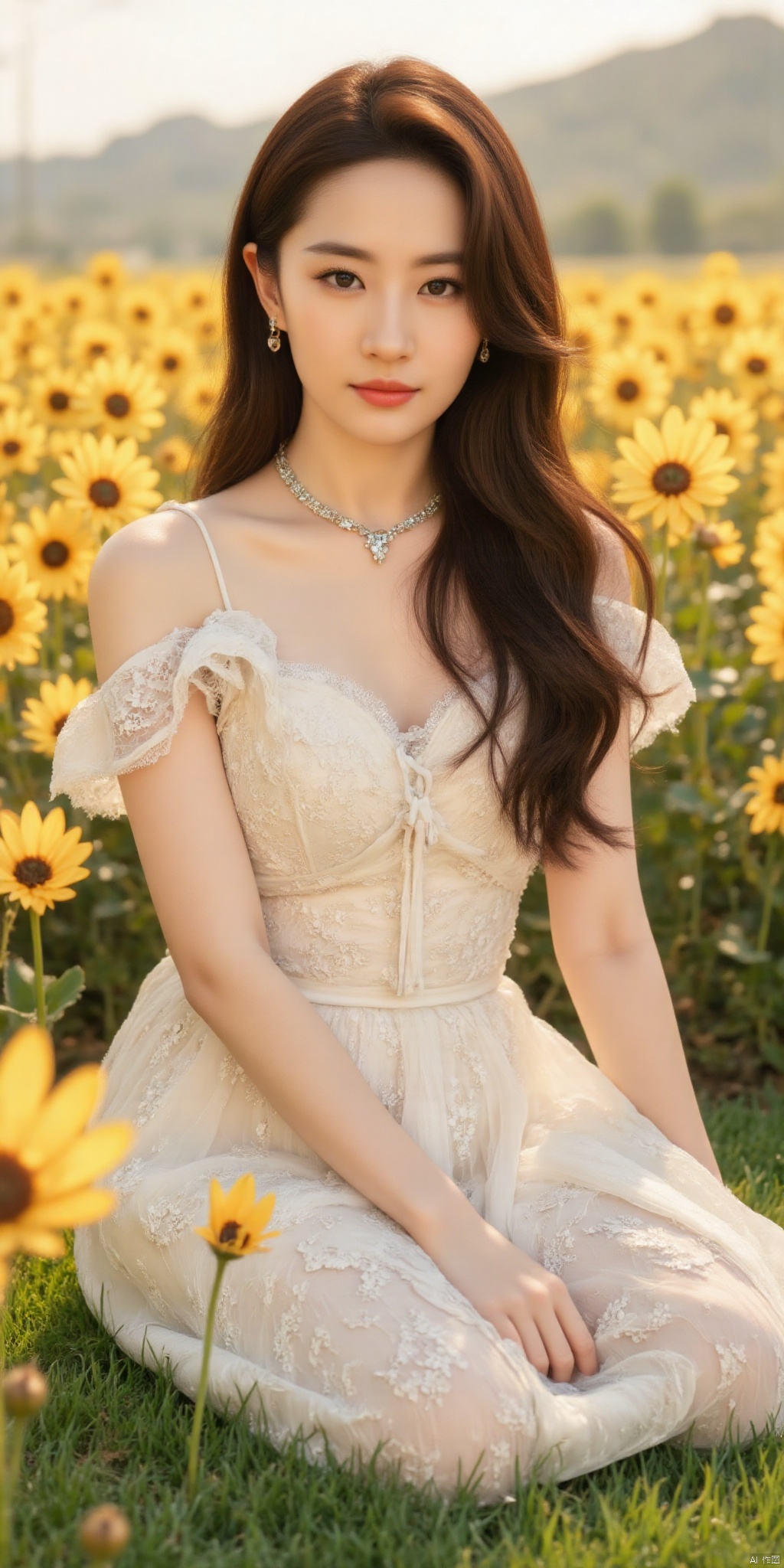 ((Good anatomical structure)),HDR, UHD, 8K, A real person , Highly detailed, best quality, masterpiece, 1girl, realistic, Highly detailed, (EOS R8, 50mm, F1.2, 8K, RAW photo:1.2), ultra realistic 8k cg, good anatomy,1 girl, solo focus,peafect body,Long hair,Messy hair,Bangs,hair between eyes,Sidelocks,Hair over shoulder,very long hair,shiny hair,floating hair,Bright eyes,big eyes,detailed eyes,beautiful eyes,hair ornament,hair flower,choker,frilled dress with lace,long dress,pleated dress,[loli],,outdoors,water,flower,sitting in the ((sea of flowers)), flower field,meadow,beautiful detailed sky,feather,nature,(sunlight), skirt up,,moist skin, shiny skin, glossy skin, (best illumination, best shadow, extremely delicate and beautiful), perfect lighting, original, highres, dynamic angle, floating,depth of field, caustics,lens flare,warm lighting,(official art,beautiful and aesthetic:1.2),beautiful face, ultra detailed eyes, looking_at_viewer,kind smile,pose for picture,,glint sparkle,,solo