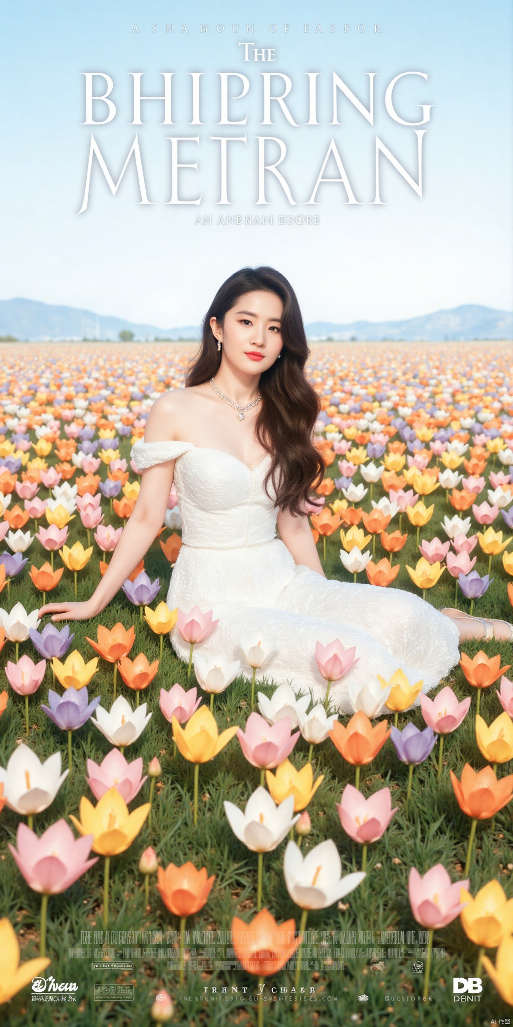 ,(Good structure), DSLR Quality,Depth of field,kind smile,looking_at_viewer,Dynamic pose,, best quality, masterpiece, illustration, (reflection light), incredibly absurdres, ((Movie Poster), (signature:1.3), (English text), 1girl, girl middle of flower, pure sky,clear sky, outside, collarbone, sitting, absurdly long hair, clear boundaries of the cloth, white dress, fantastic scenery, ground of flowers, thousand of flowers, colorful flowers, flowers around her, various flowers,bare shoulders,skirt, sandals,, , weddingdress, , 