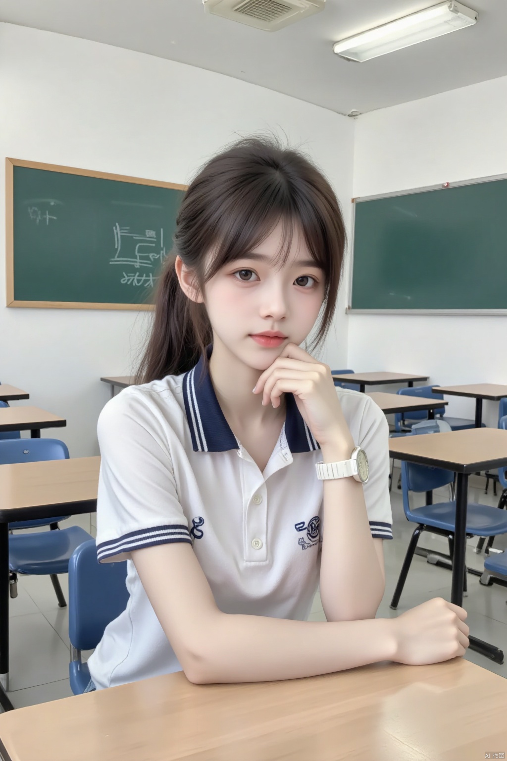 a young Asian girl with long brown hair is seated in a classroom. She is wearing a white short-sleeved polo shirt with a blue stripe on the collar, and a white watch on her wrist. Her left hand is resting on her chin, and her left hand rests on her hip. Her hair is pulled back in a ponytail, adding a touch of texture to her face. The backdrop is a stark white wall, with two chalkboards, one of which is green and the other is white. Adjacent to the green chalkboard is a row of desks, each with blue chairs.