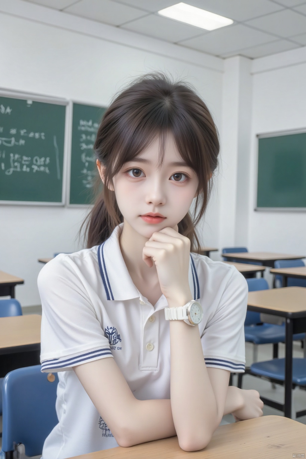 a young Asian girl with long brown hair is seated in a classroom. She is wearing a white short-sleeved polo shirt with a blue stripe on the collar, and a white watch on her wrist. Her left hand is resting on her chin, and her left hand rests on her hip. Her hair is pulled back in a ponytail, adding a touch of texture to her face. The backdrop is a stark white wall, with two chalkboards, one of which is green and the other is white. Adjacent to the green chalkboard is a row of desks, each with blue chairs.