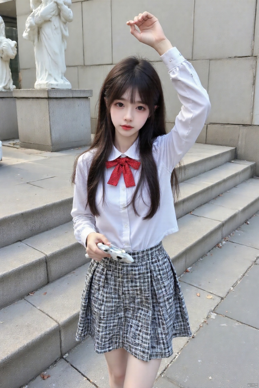 a young Asian girl with long black hair, wearing a white collared button-down shirt, a red bow tie, and a black and white checkered skirt. She is standing on a set of gray concrete steps, her left hand raised above her head. The girl's right hand is lifted up in the air, while her right hand rests on her hip. Her left hand is holding a white game controller, and she is looking at the camera. To the left of the girl, there is a gray concrete wall, and to the right of the wall, there are two white statues, one of which is white and the other is gray.