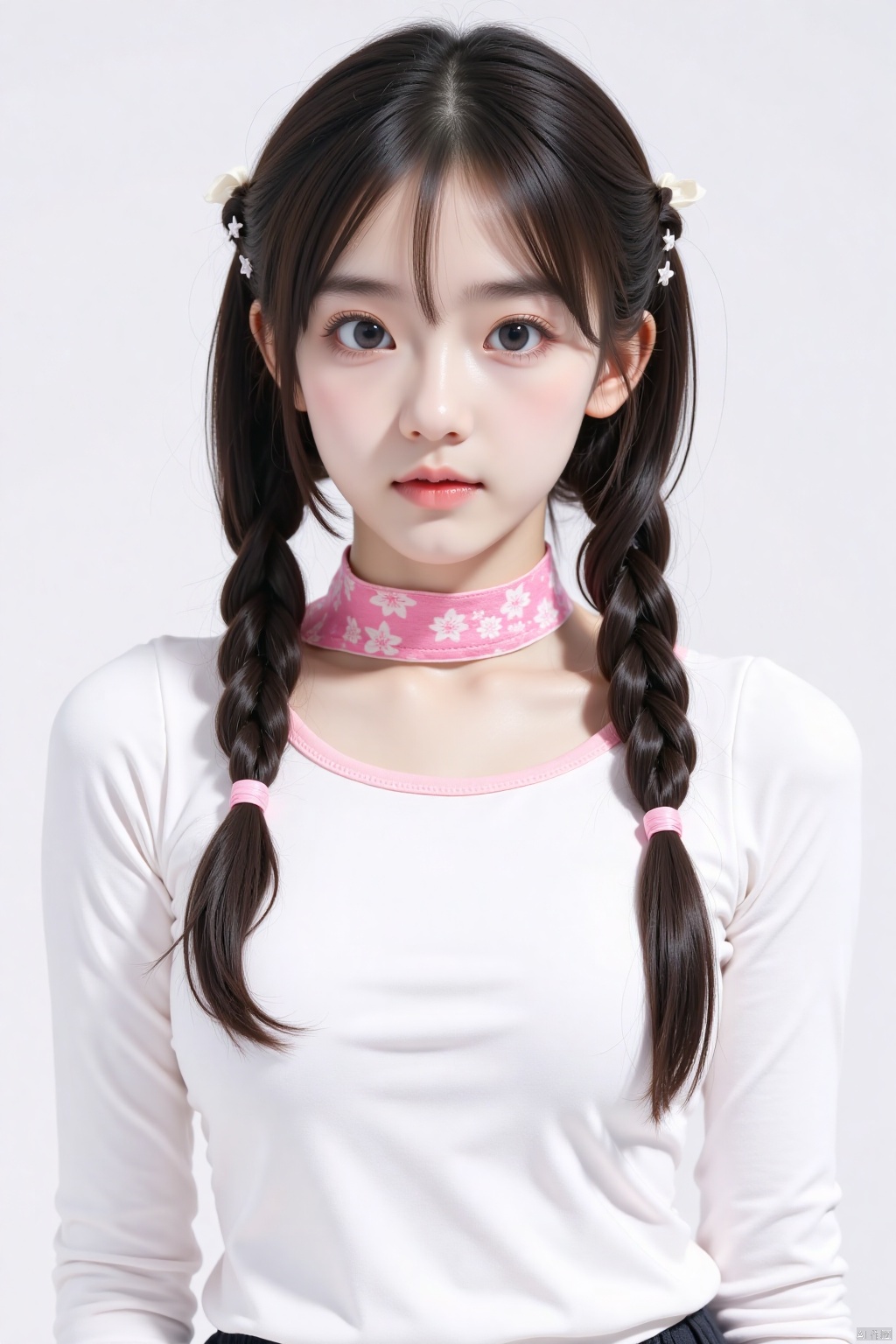 1girl,This is a photograph of a young woman, likely of East Asian descent,. She has straight, dark brown hair styled in a loose braid with small, star-shaped hair clips on either side. Her bangs are straight and slightly curled at the ends. She is wearing a white long-sleeved top with a pink trim and a pink, patterned scarf tied around her neck. 