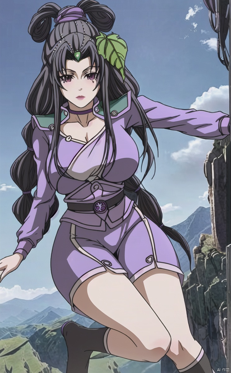 A green pearl collar on the forehead, two purple leaf hair accessories,
Blue sky, white clouds, green mountains,
1girl, solo, long hair, breasts, looking at viewer,  black hair, hair ornament, 
purple eyes, choker, Insert your hands into your ,, ,Black legs, black stockings, socks, jumpsuit socks,