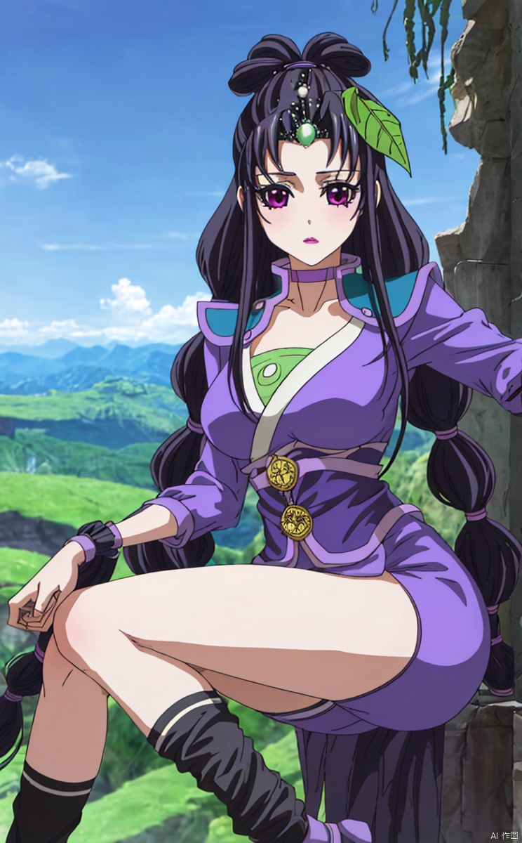 A green pearl collar on the forehead, two purple leaf hair accessories,
Blue sky, white clouds, green mountains,
1girl, solo, long hair, breasts, looking at viewer,  black hair, hair ornament, 
purple eyes, choker, Insert your hands into your ,, ,Black legs, black stockings, socks, jumpsuit socks,