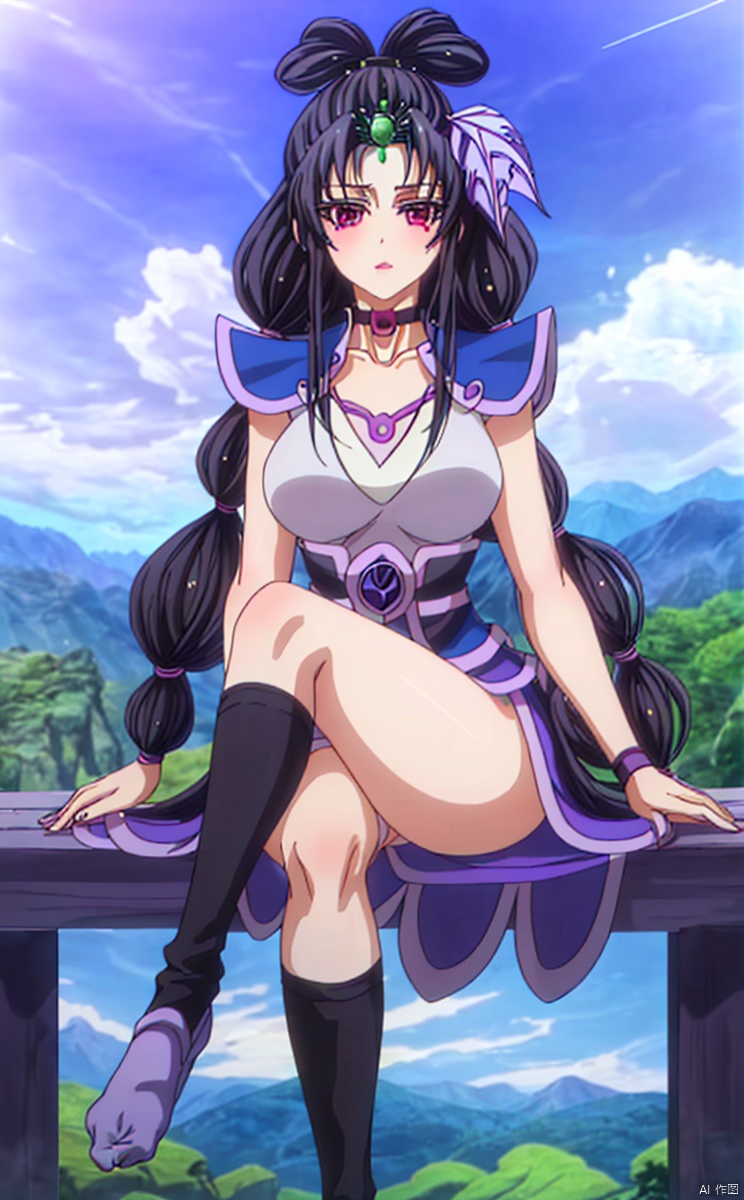 A green pearl collar on the forehead, two purple leaf hair accessories,
Blue sky, white clouds, green mountains,
1girl, solo, long hair, breasts, looking at viewer,  black hair, hair ornament, 
purple eyes, choker, Insert your hands into your ,, ,Black legs, black stockings, socks, jumpsuit socks,