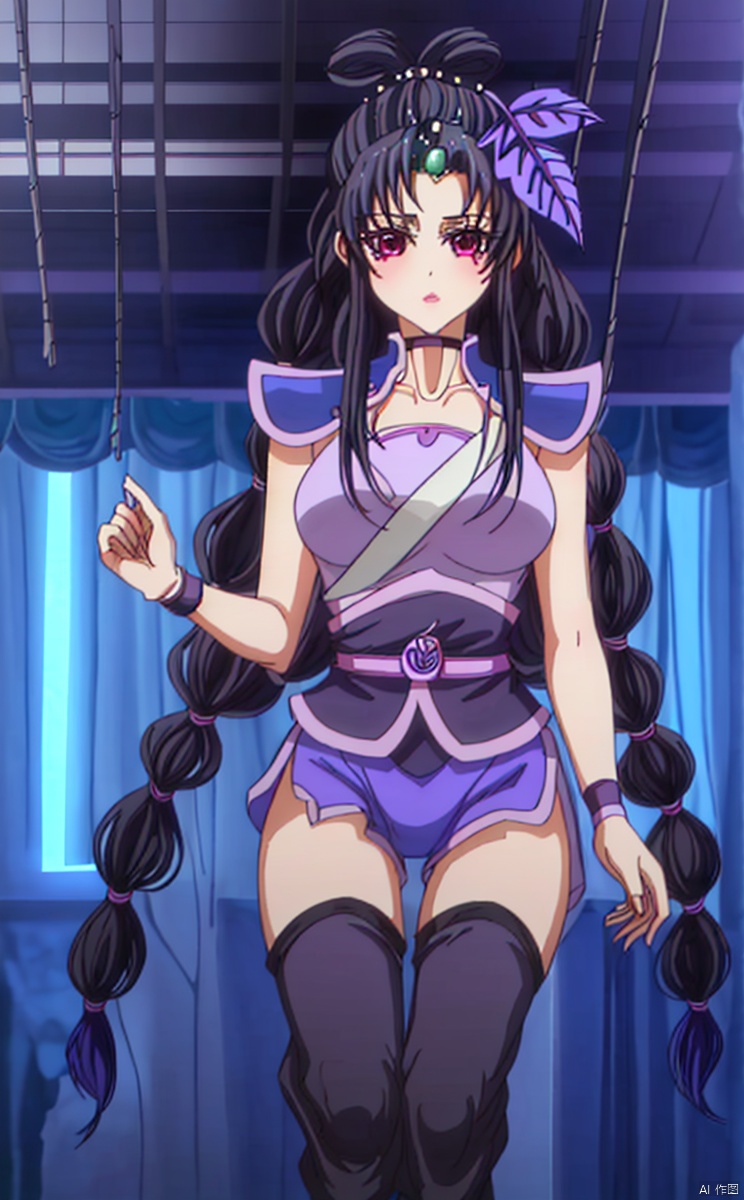 A green pearl collar on the forehead, two purple leaf hair accessories,
Indoor, black safety pants, safety pants,
1girl, solo, long hair, breasts, looking at viewer,  black hair, hair ornament, 
purple eyes, choker, Insert your hands into your ,, ,Black legs, black stockings, socks, jumpsuit socks,