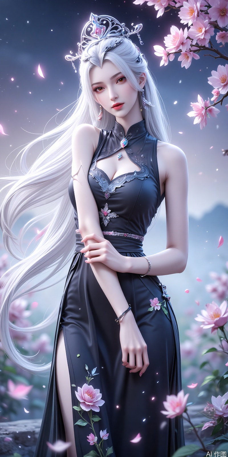 jianma,lvjing,white hair,long hair,brown eyes,crown,fair_skin, 1girl,dress,jewelry,earrings,china dress,chinese clothes,blurry background,blurry,breasts,solo,looking at viewer,hand on own hip,floral print,sleeveless,black dress,sleeveless dress,bracelet,parted lips,bare shoulders,side slit,cowboy shot,holding,cover,simple background,gradient_background,Close-up details,outstanding style,adding a touch of dimension to your images without compromising details,close-up,lvjing,absurdres,colorful,