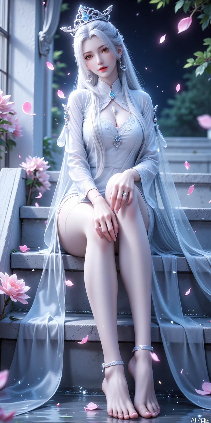 jianma,lvjing,white hair,long hair,brown eyes,crown,fair_skin, jianma,1girl,barefoot,sitting,solo,long hair,jewelry,petals,stairs,white hair,dress,anklet,feet,white dress,tiara,toes,flower,earrings,bare legs,falling petals,window,looking at viewer,water,legs,parted lips,long sleeves,full body,realistic,night, cover,simple background,gradient_background,Close-up details,outstanding style,adding a touch of dimension to your images without compromising details,close-up,lvjing,absurdres,colorful,
