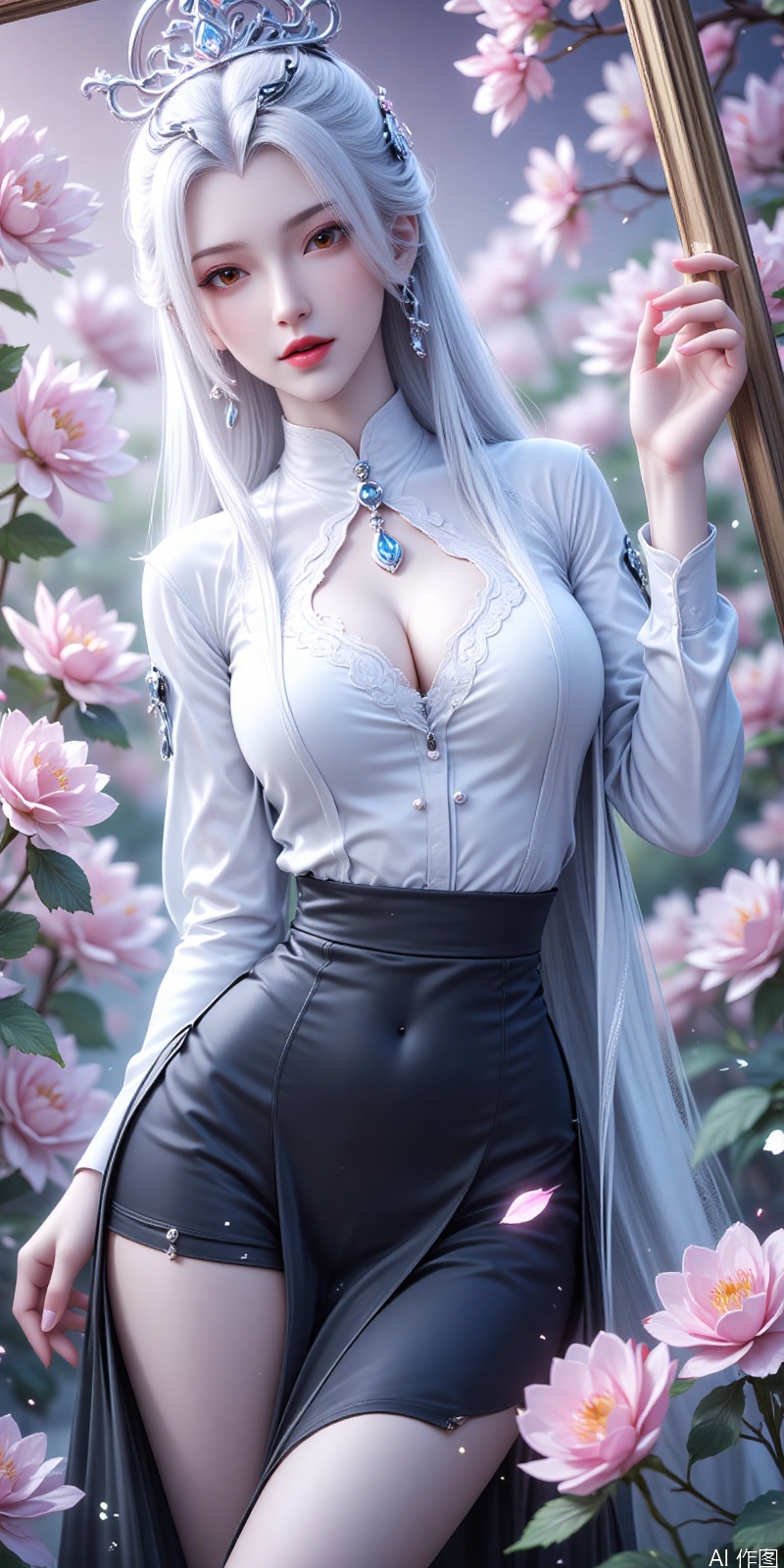 white hair,long hair,brown eyes,crown,fair_skin, 1girl,breasts,shirt,solo,white shirt,skirt,navel,cleavage,indoors,large breasts,black skirt,looking at viewer,flower,jewelry,long sleeves,necklace,black footwear,parted lips,picture frame,cover,simple background,gradient_background,Close-up details,outstanding style,adding a touch of dimension to your images without compromising details,close-up,lvjing,absurdres,colorful,jianma