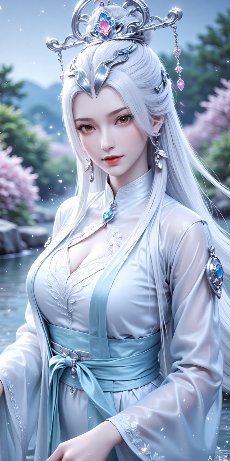 jianma,lvjing,white hair,long hair,brown eyes,crown,fair_skin, 1girl,solo,hair ornament,jewelry,earrings,blurry background,chinese clothes,flower,blurry,long sleeves,dress,hair flower,hanfu,sash,looking at viewer,rock,breasts,see-through,tassel,closed mouth,outdoors,tassel earrings,cover,simple background,gradient_background,Close-up details,outstanding style,adding a touch of dimension to your images without compromising details,close-up,
