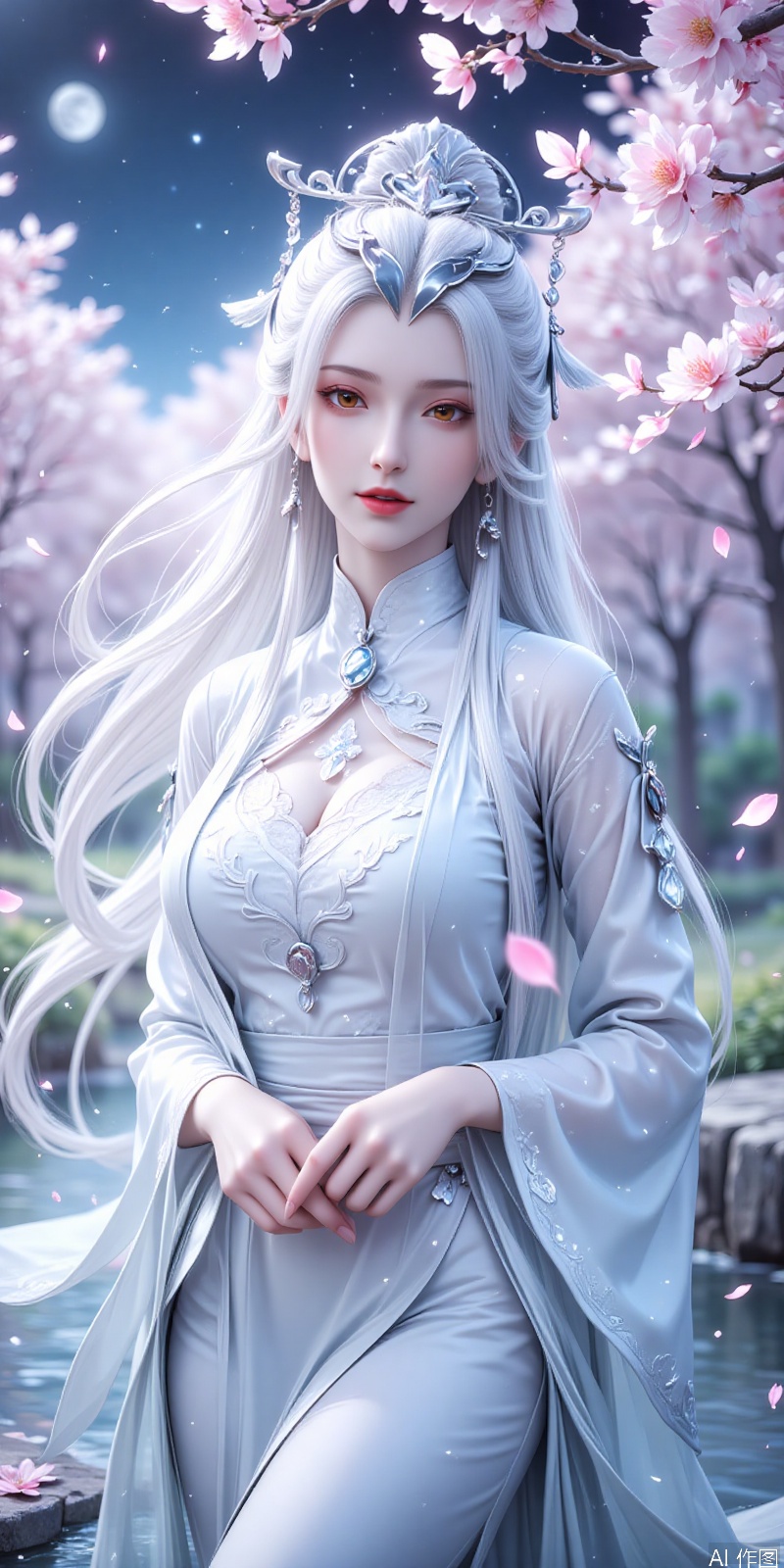 ianma,1girl,blurry,blurry background,blurry foreground,branch,breasts,cherry blossoms,depth of field,falling leaves,falling petals,flower,hanami,leaves in wind,long hair,moon,motion blur,night,night sky,petals,petals on liquid,pink flower,rose petals,solo,spring \(season\),star \(sky\),starry sky,tree,white hair,wind,close-up,upper_body,2. 5 d cgi anime fantasy artwork,realistic anime 3 d style,3 d anime realistic,xianxia fantasy,stuning fantasy 3 d render,realistic anime art style,beautiful render of tang dynasty,smooth anime cg art,unreal engine render + a goddess,anime fantasy artwork,realistic anime artstyle,female anime character,anime cgi style,realistic anime style at pixiv,”beautiful anime woman,white beautiful hair,white haired lady,photorealistic anime girl render,(headpiece:1.2),
