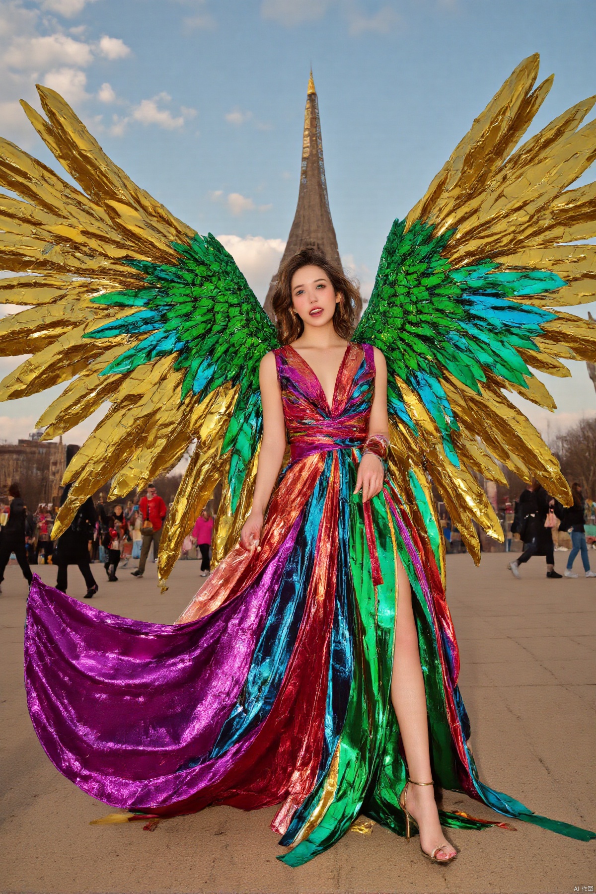 ZOZ_XUANHUAN
a woman is wearing a colorful, mirrored wings dress, in the style of global illumination, life-like avian illustrations, new british sculpture, unreal engine 5, stained-glass, light gold and red, high speed film,AESTHETIC_POSE, DYNAMIC_POSE,,DRAMATIC_LIGHTNING,,ELIZABETH OLSEN
