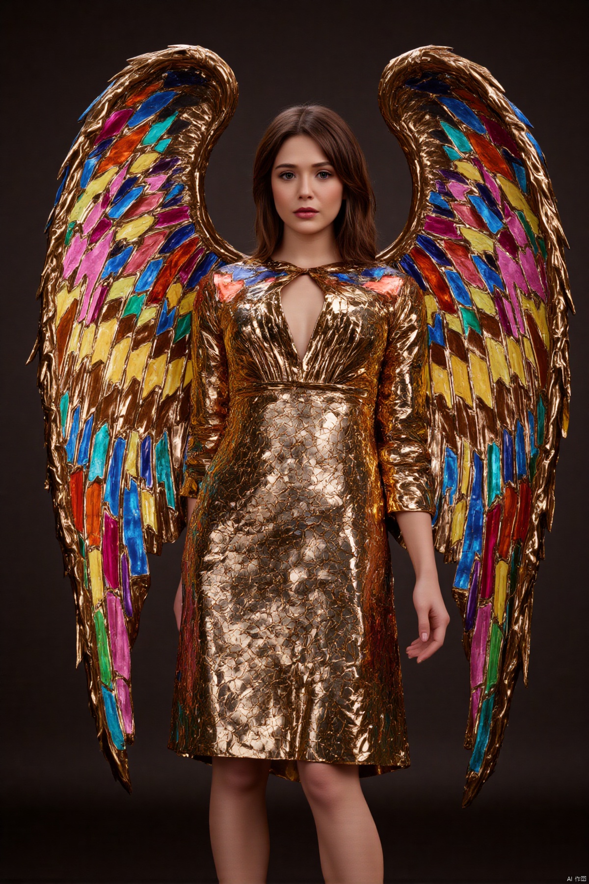 ZOZ_XUANHUAN
a woman is wearing a colorful, mirrored wings dress, in the style of global illumination, life-like avian illustrations, new british sculpture, unreal engine 5, stained-glass, light gold and red, high speed film,AESTHETIC_POSE, DYNAMIC_POSE,,DRAMATIC_LIGHTNING,,ELIZABETH OLSEN