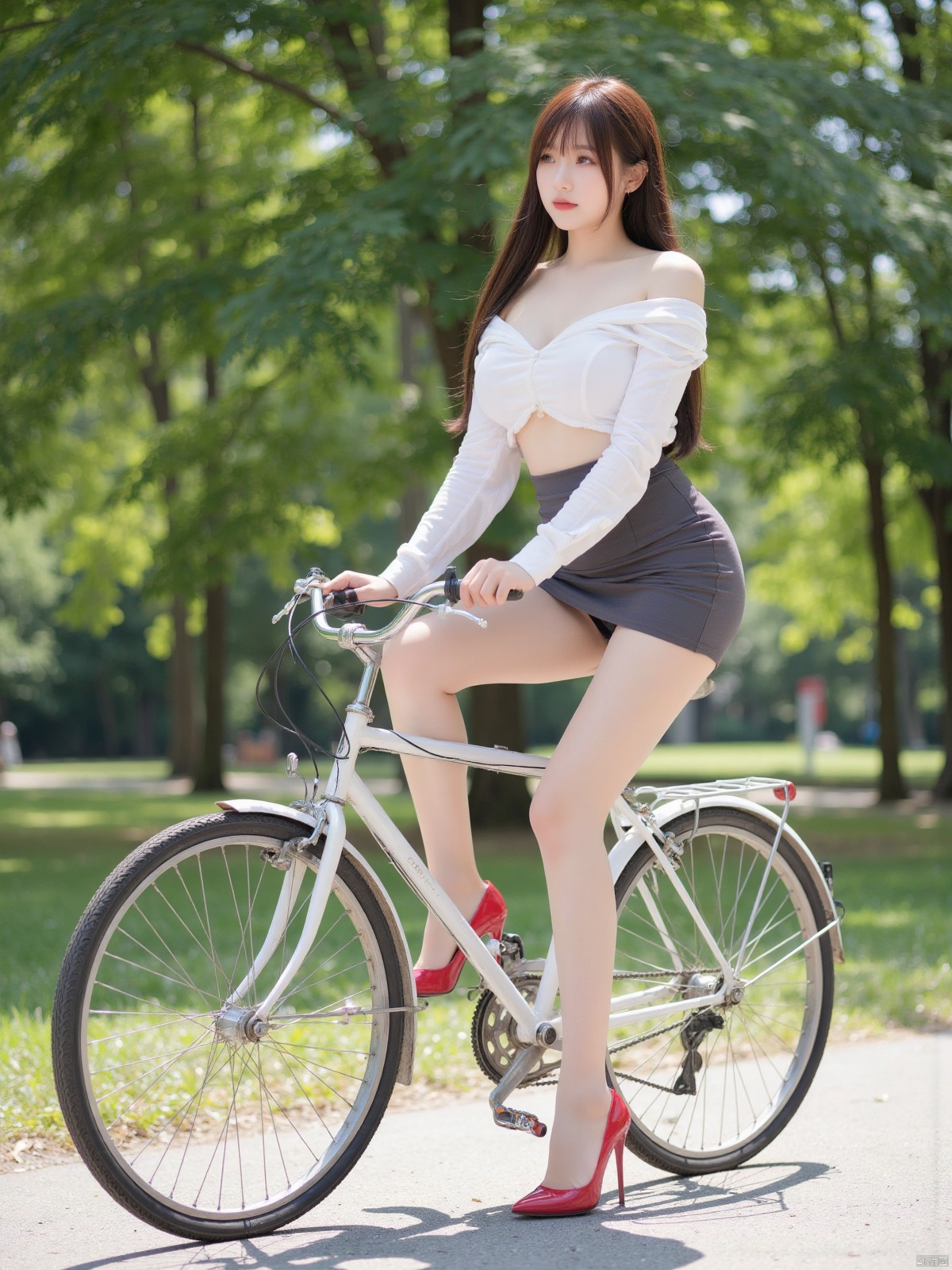 Realistic photos, 1girl, long hair, fair skin, big breasts, off-shoulder shirt, short pencil skirt, (panties), long legs, red high heels, full body, riding bicycle, park, dappled sunlight,