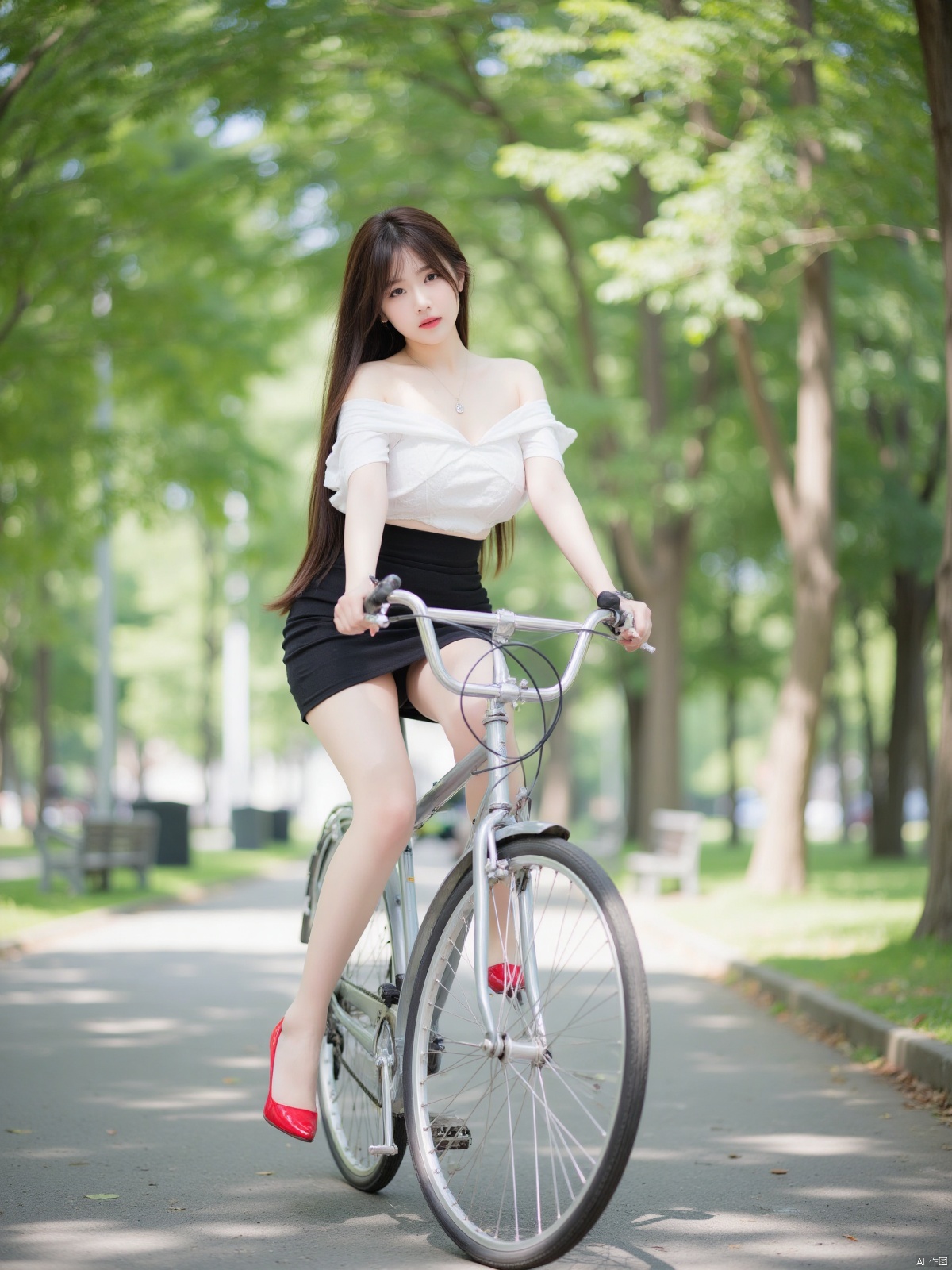Realistic photos, 1girl, long hair, fair skin, big breasts, off-shoulder shirt, short pencil skirt, (panties), long legs, red high heels, full body, riding bicycle, park, dappled sunlight,