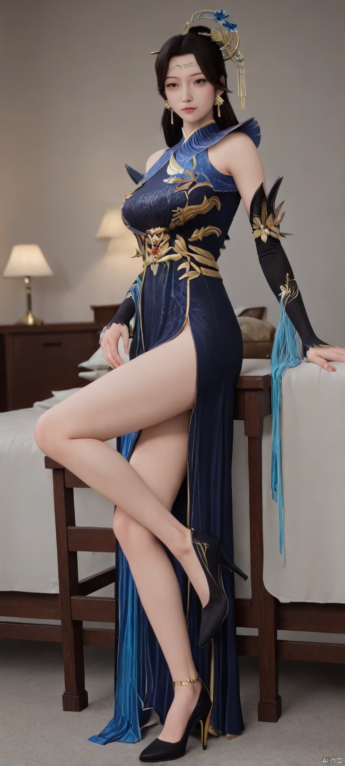 (high definition, Best quality, masterpiece, 4K, exquisite skin), 1girl, solo, breasts, looking at viewer, room, side slit, sitting, high heels