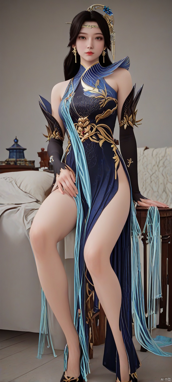score_9,score_8_up,(high definition, Best quality, masterpiece, 4K, exquisite skin), 1girl, solo, breasts, looking at viewer, room, side slit, sitting, high heels,