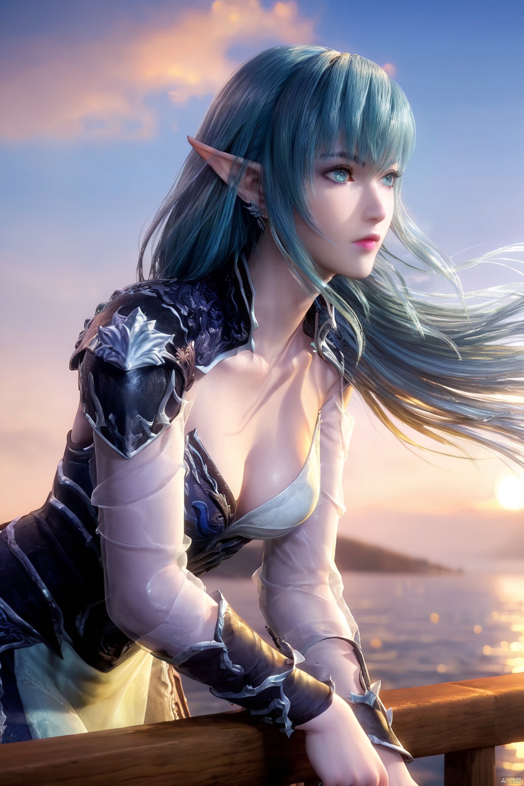 score_9_up,score_8_up,score_7_up,1girl, solo, long hair, breasts, dress, cleavage, jewelry, medium breasts, earrings, outdoors, sky, pointy ears, cloud, water, armor, leaning forward, ocean, ring, elf, wind, shoulder armor, sunset, railing, leaning on object,SFQW,