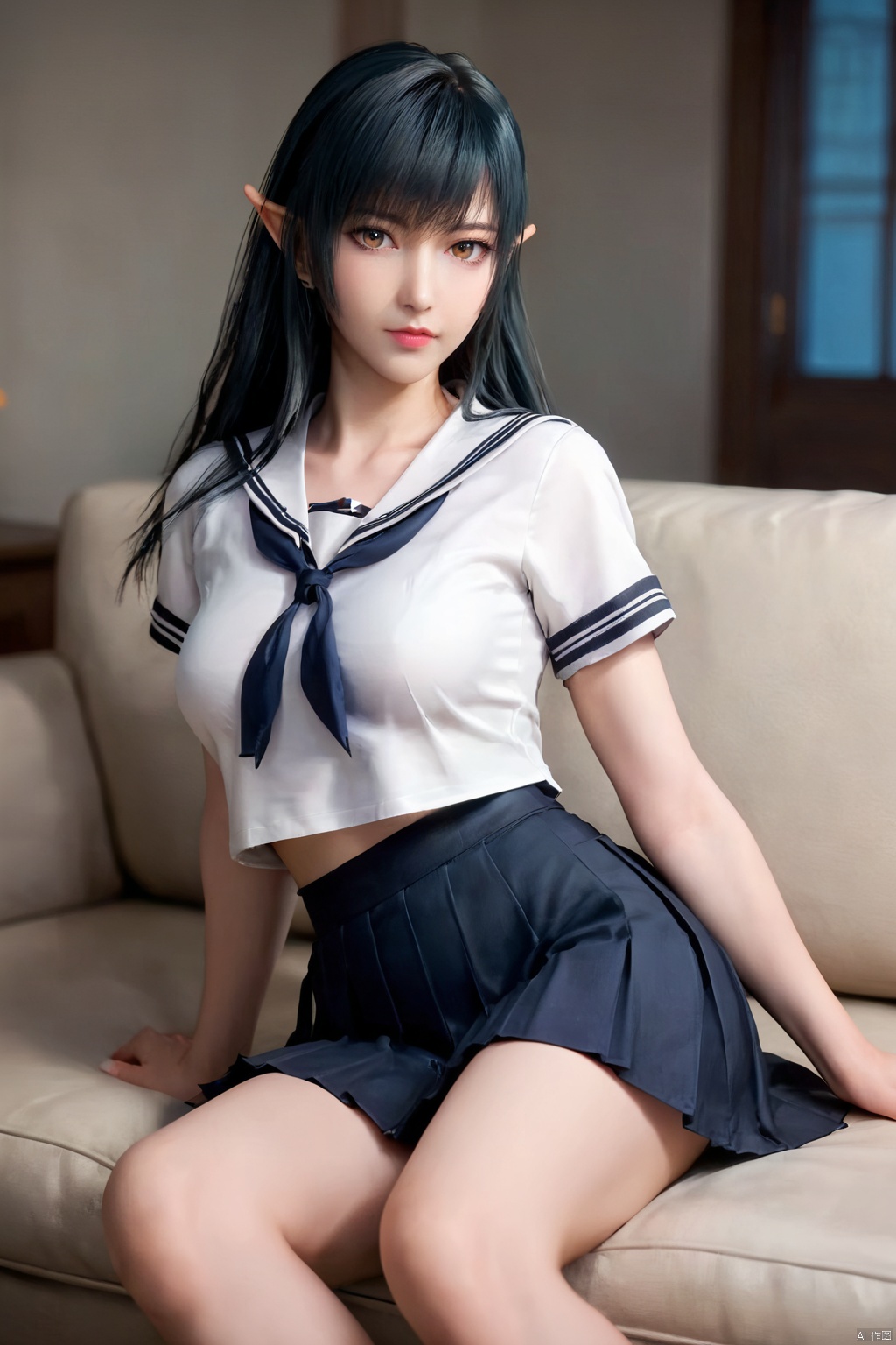 score_9_up,score_8_up,score_7_up,(Best quality, masterpiece, 4K),1girl, solo, long hair, breasts,pointy ears,( white sailor_shirt:1.3 ),(black pleated_skirt:1.3) ,indoor,looking at viewer, brown eyes,  lips,breasts, sitting,couch,barefoot , black hair,SFQW