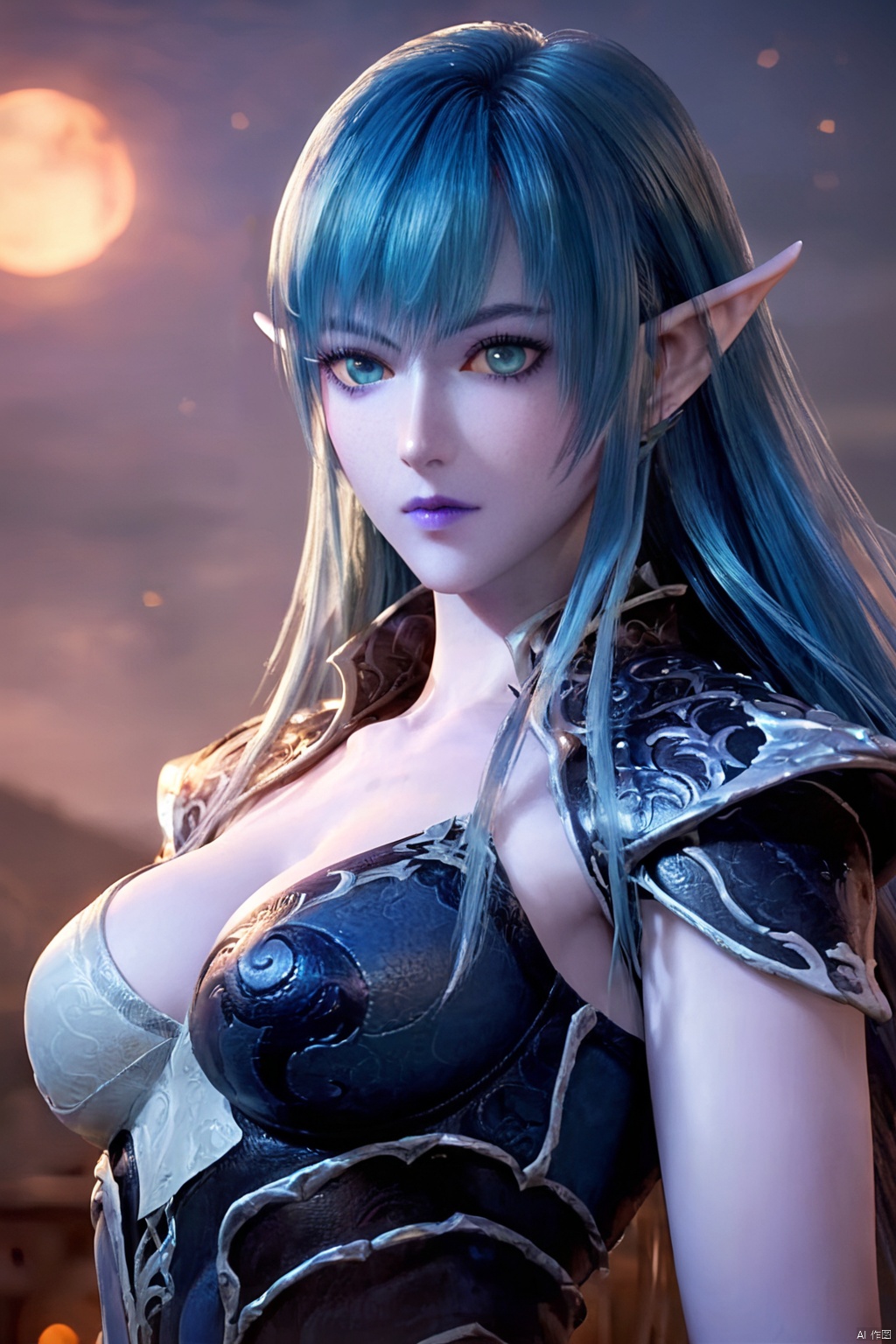 score_9_up,score_8_up,score_7_up,1girl, solo, long hair, breasts, blue eyes, cleavage, jewelry, medium breasts, blue hair, pointy ears, armor, colored skin, moon, elf, blue skin, shoulder pads,SFQW