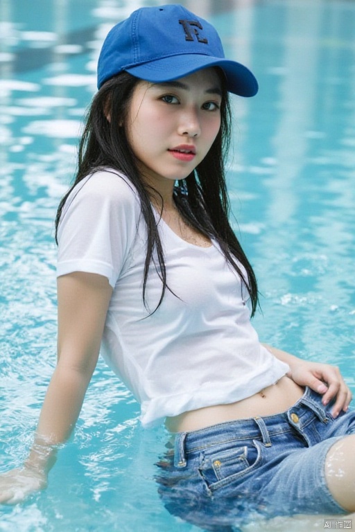 Water
wetting
a young Asian woman is swimming in a pool of water. She is wearing a blue cap
a white t-shirt
and blue jean shorts. Her hair is long and black
and her eyes are a piercing blue. Her lips are painted red
and she has a slight smile on her face. Her left hand is resting on her hip
