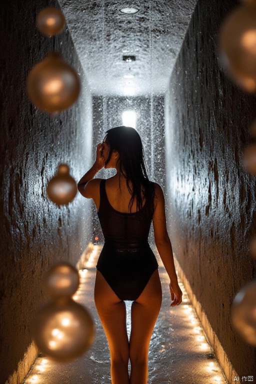 Water
wetting
a woman in a black swimsuit stands in the middle of a tunnel. The woman's body is facing the left side of the frame
her left hand resting on her head. Water drops are falling from the top of the tunnel
adding a touch of movement to the scene. The walls on either side of her are made up of dark gray bricks
and the lights on the left and right are illuminated.
