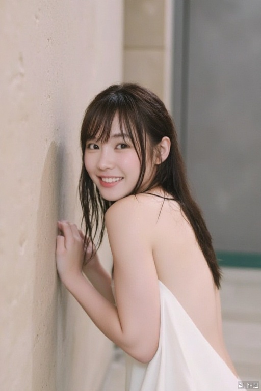 Water
wetting
a young Asian woman
dressed in a white sleeveless dress
stands in front of a beige wall. Her hair is long and cascades over her shoulders
adding a touch of warmth to her face. She is smiling
her lips pursed in a smile. The wall behind her is adorned with a rough texture
adding depth to the composition. The backdrop is a gray wall
with a green tint to it.