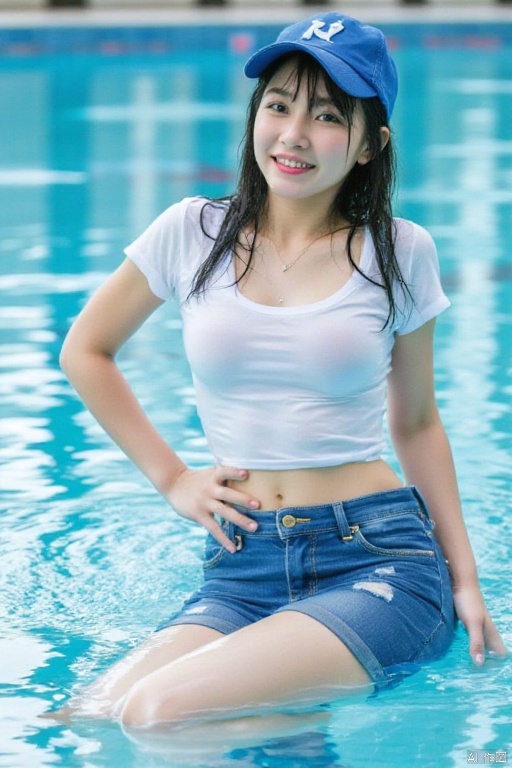 Water
wetting
a young Asian woman is swimming in a pool of water. She is wearing a blue cap
a white t-shirt
and blue jean shorts. Her hair is long and black
and her eyes are a piercing blue. Her lips are painted red
and she has a slight smile on her face. Her left hand is resting on her hip
