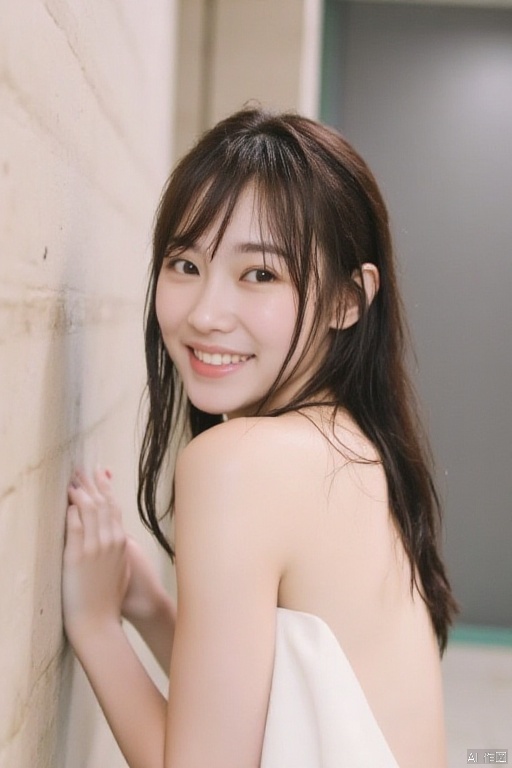 Water
wetting
a young Asian woman
dressed in a white sleeveless dress
stands in front of a beige wall. Her hair is long and cascades over her shoulders
adding a touch of warmth to her face. She is smiling
her lips pursed in a smile. The wall behind her is adorned with a rough texture
adding depth to the composition. The backdrop is a gray wall
with a green tint to it.