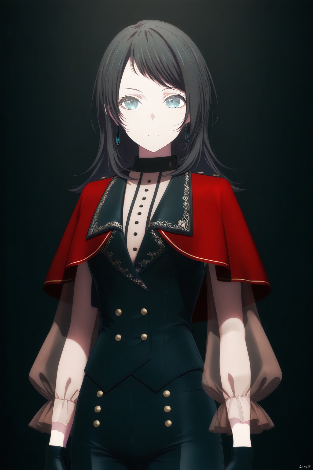 solo,standing,upper_body,Yahata Umiri,black hair,long hair,blue eyes,bangs,swept bangs
thigh boots,boots,black gloves,black footwear,see-through,pants,red capelet,thighhighs,black vest,long sleeves,buttons,shirt,black earring,