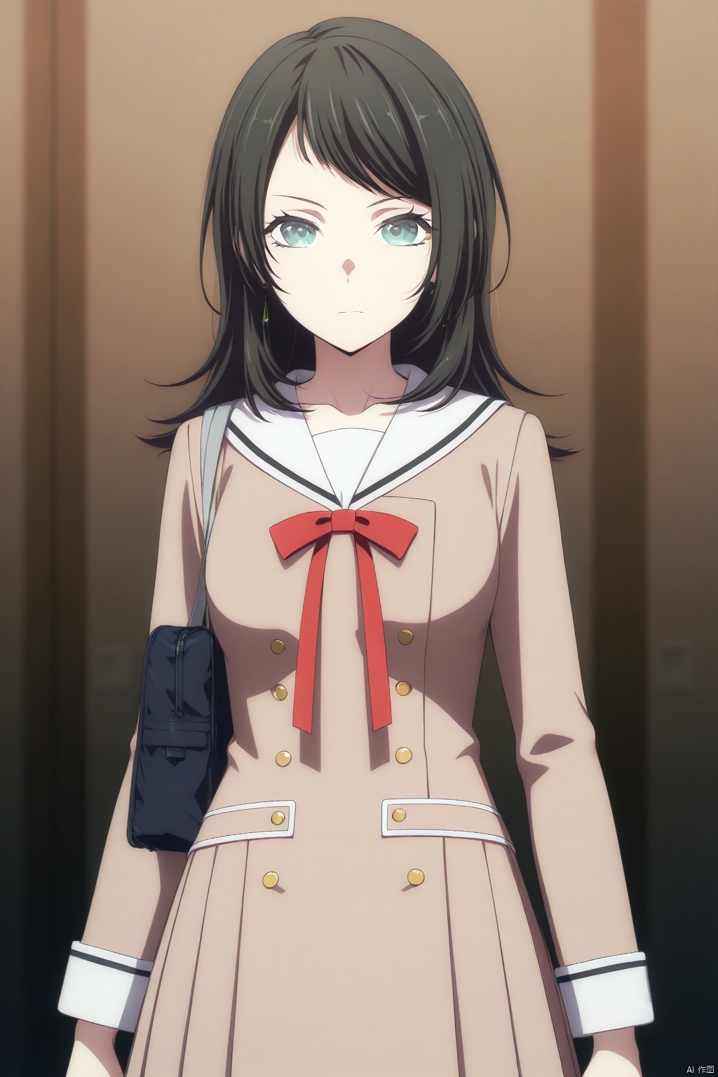 solo,standing,upper_body,Yahata Umiri,black hair,long hair,blue eyes,bangs,swept bangs
sailor dress, double-breasted, brown dress, hanasakigawa school uniform