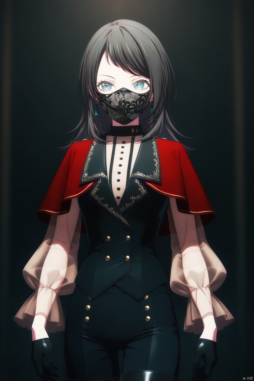 solo,standing,upper_body,Yahata Umiri,black hair,long hair,blue eyes,bangs,swept bangs
thigh boots,boots,black gloves,black footwear,see-through,pants,red capelet,thighhighs,black vest,long sleeves,buttons,shirt,black earring,black_mask,