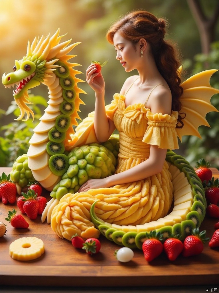 On a wooden chopping board filled with warm golden sunlight, a surreal fruit puzzle is slowly unfolding. In the center of the picture, a graceful and charming woman stands. She has skin as white as snow, and her eyes are like deep amber. With agility and intelligence, he has chestnut curly hair like waves. It fell to her waist, with a few strands of hair hanging playfully on her shoulders. She wore a retro-style goose yellow dress. The slim cut highlighted her graceful figure. The skirt was also embroidered with delicate fruit patterns. She was surrounded by There is a majestic dragon whose body is made entirely of colorful fruits. Emerald green apples are cut into thin slices and stacked layer by layer to outline the strong dragon spine; round strawberries are closely arranged and turned into gorgeous and eye-catching dragon scales; golden pineapple chunks act as sharp dragon claws with an alluring luster; longan but They were two crystal clear lychees, full of juice and looked as if they were about to roll down in the next second. The woman raised her head slightly, looking at the giant dragon with a fearless and curious expression, and there was still a lingering lingering feeling around them. The sweet and fruity aroma,A Bow - Fruit Painting