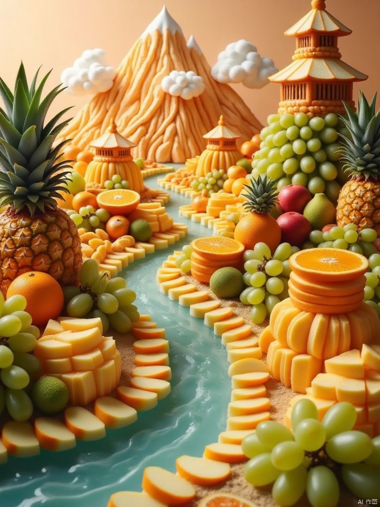 In a clear space of light and shadow, an amazing three-dimensional landscape painting gradually emerges, all delicately constructed of colorful fruits. In the foreground, a gurgling "stream" is rushing past, which is paved with transparent and bright grape bunches. The round grapes are close together, and the juice is ready to drip out. They reflect the smart light under the dim light, just like the water of a stream. Flickering, beside the stream, golden pineapple blocks are piled up in an orderly manner as "reefs". The rough skin of the pineapples is like the texture of stones that have been washed over time. Moving towards the middle ground, the undulating "mountains" rise from the ground, and the mountains are cut into Thin slices of apples are layered on top of each other, from the fresh green of green apples to the warm and bright colors of red apples, bringing out the colors of the four seasons in the mountains and forests. In the meantime, "pavilions and pavilions" made of orange petals are hidden among them. The delicate down and full petals of oranges give the building a unique exquisite texture. In the distant view, "clouds and mist" linger on the top of the mountain, which is Threads of marshmallows, fluffy and dreamy, softly cover part of the mountains, creating an ethereal artistic conception. The entire three-dimensional painting is enveloped in warm orange light, and the air is filled with sweet and fruity fragrance, which makes people enchanted. ,A Bow-Fruit Painting
