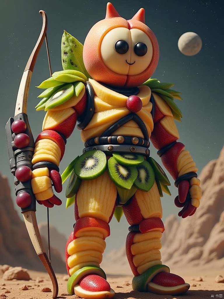 In the ultra-realistic interstellar battlefield, a future warrior made of fruit made a stunning appearance. The head is a peach, the peach tip is a communication antenna, the purple grape eyes can track farsightedness and gain insight into data, the cucumber nose can smell danger, the pomegranate mouth can spray fruit acid mist, the coconut shell armor on the upper body is engraved with energy lines, and the sugar cane arms hide It has a mechanical skeleton, blueberry wrists that can release frost, a dragon fruit combat skirt on the lower body with temperature-controlled flames, and a banana laser gun, lemon belt and pineapple combat boots to help it defeat enemies in space.,A Bow - Fruit Painting
