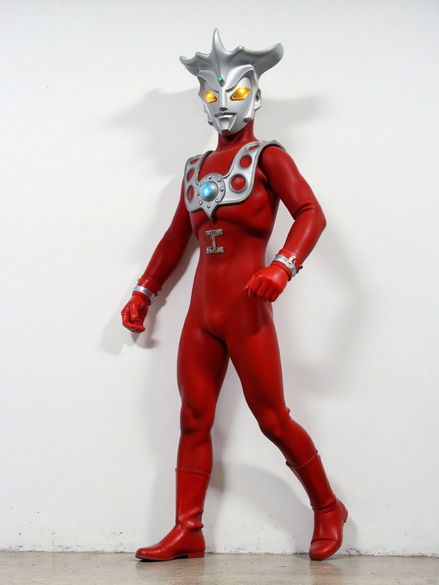 ultraman,red bodysuit,red gloves,legwear,gloves,boots,cover,mask,plugsuit,armor,bodysuit,silver pattern on body,red tight-fitting,red footwear,helmet,leather suit,latex,tokusatsu,no humans,science fiction,silver head,hard mask,no smile,no eyes,no nose,solo,red rubber bodysuit with silver line
