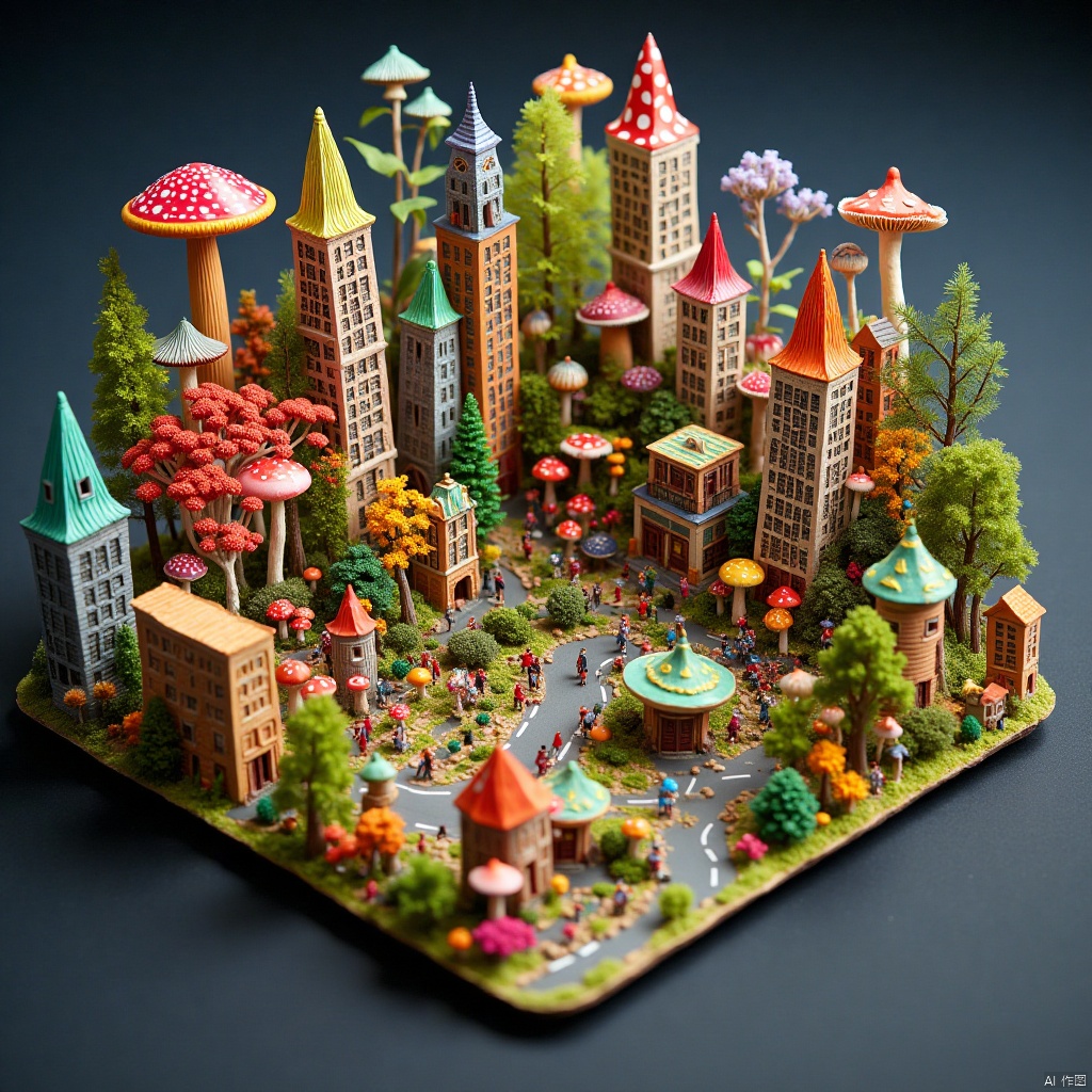 miniature city landscape,Bright plants, mushrooms, miniature landscape, plant, close-up